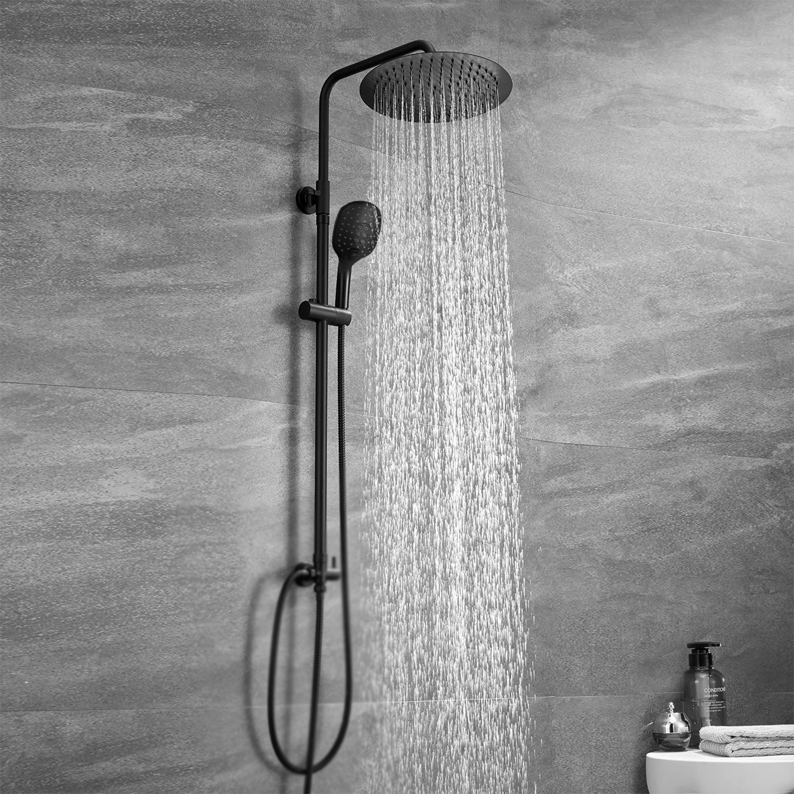Adjustable matt black aluminium shower column with single jet hand shower and sliding rail