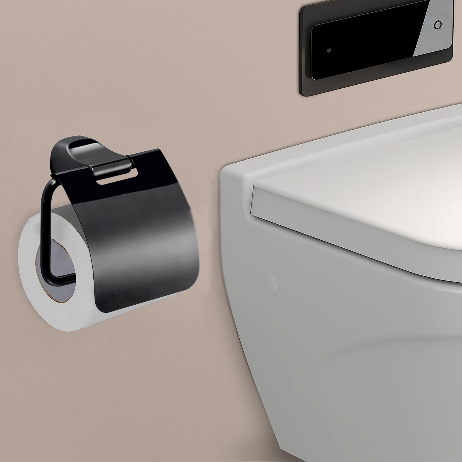 "Stelvio" toilet paper holder with lid in matte black stainless steel