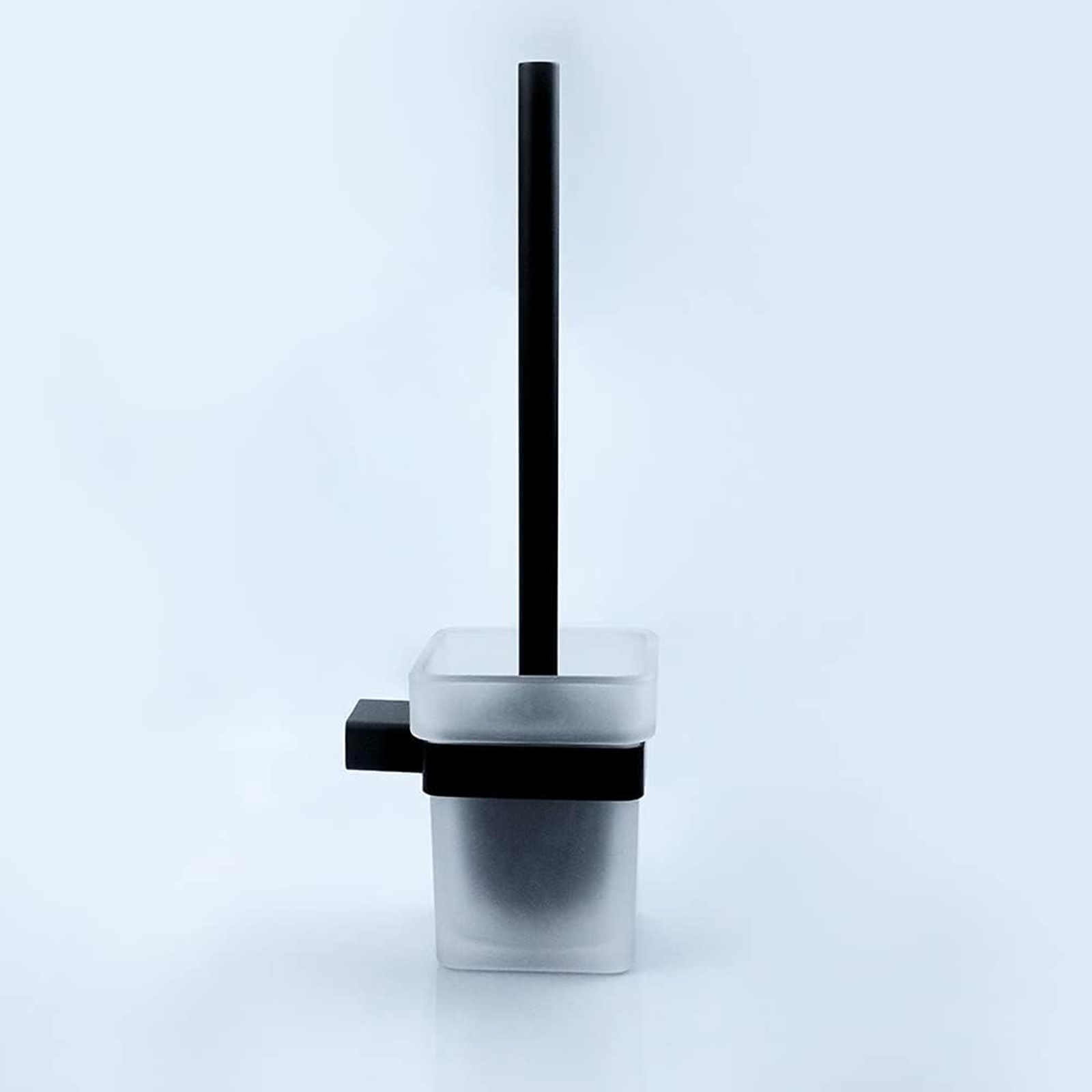 "Stelvio" bathroom set with toothbrush holder, soap dish, and toilet brush in frosted glass and steel