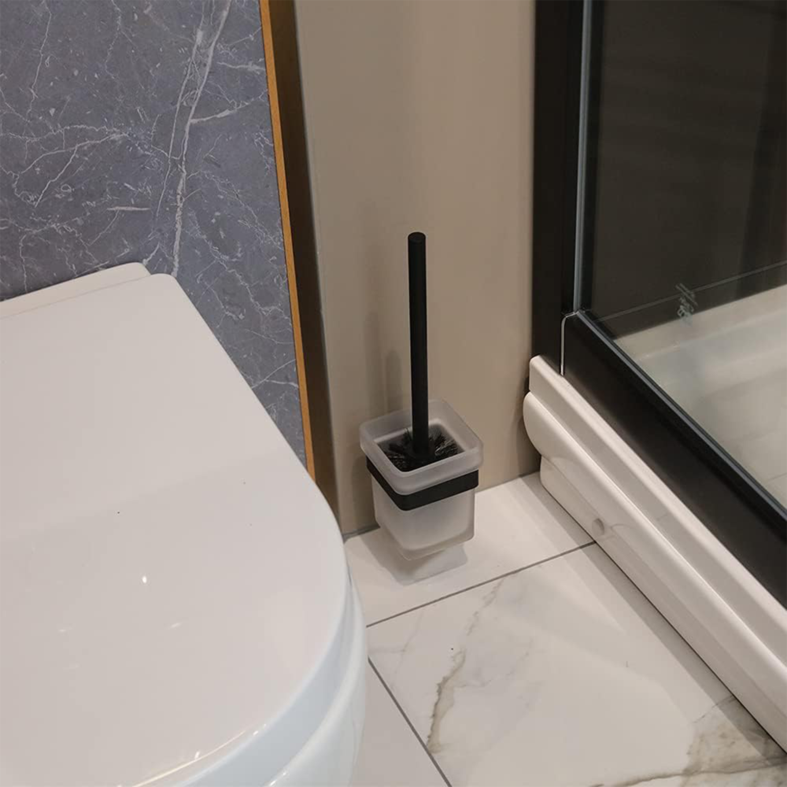 "Stelvio" bathroom set with toothbrush holder, soap dish, and toilet brush in frosted glass and steel