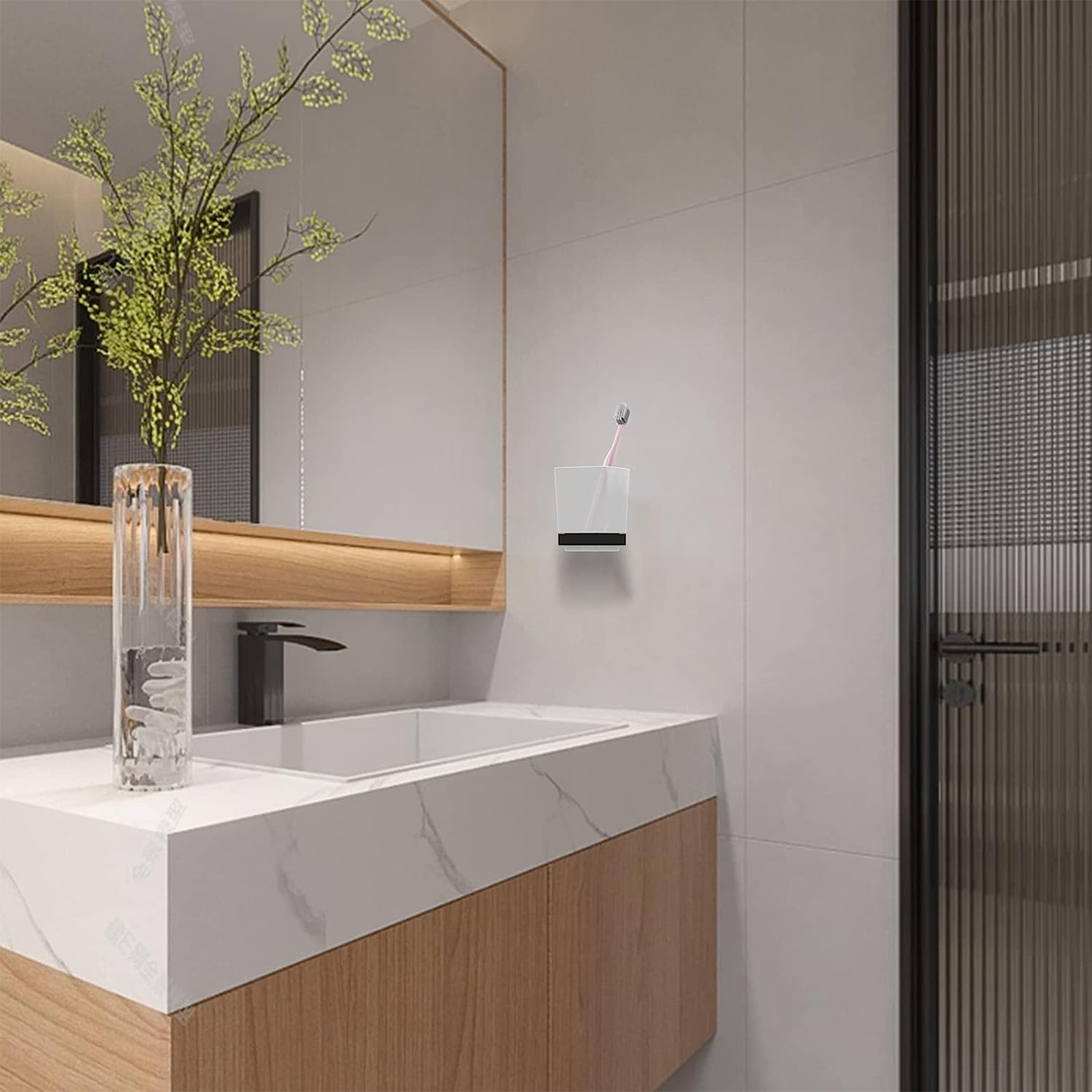 "Stelvio" bathroom set with toothbrush holder, soap dish, and toilet brush in frosted glass and steel