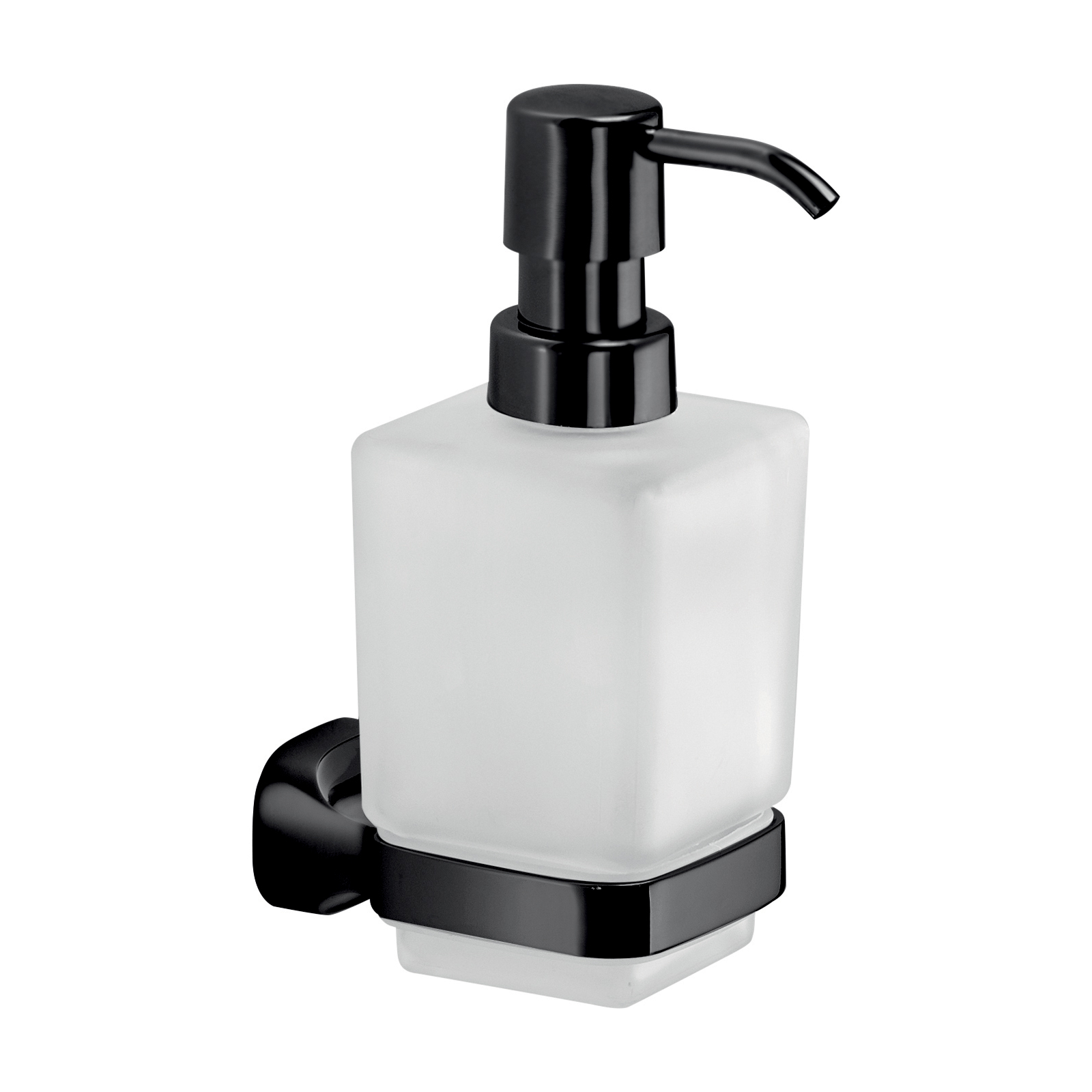 "Stelvio" frosted glass soap dispenser with matt black stainless steel support, 6.4 x 10.6 cm, 15.8 h