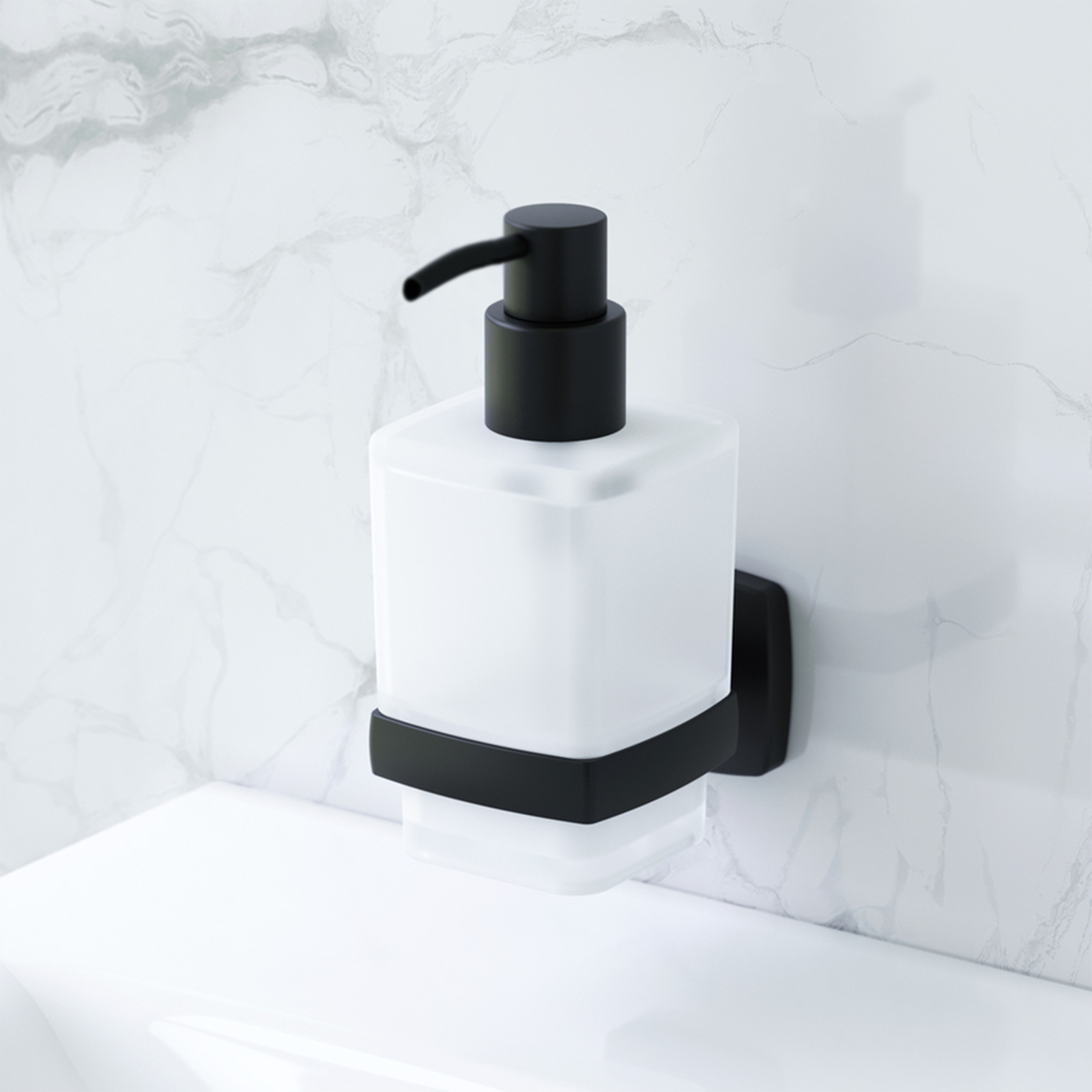 "Stelvio" frosted glass soap dispenser with matt black stainless steel support, 6.4 x 10.6 cm, 15.8 h