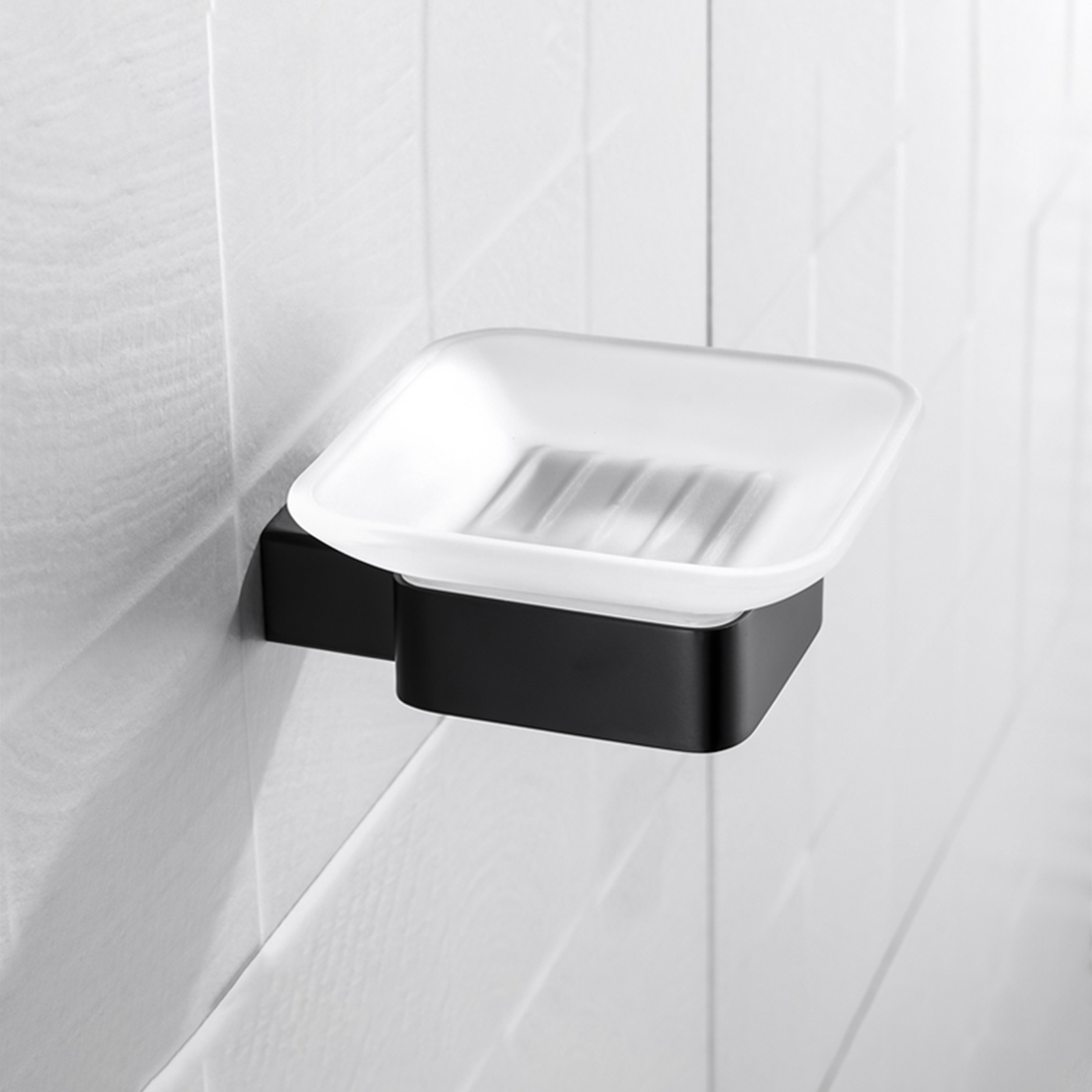 "Stelvio" bathroom set with toothbrush holder, soap dish, and toilet brush in frosted glass and steel