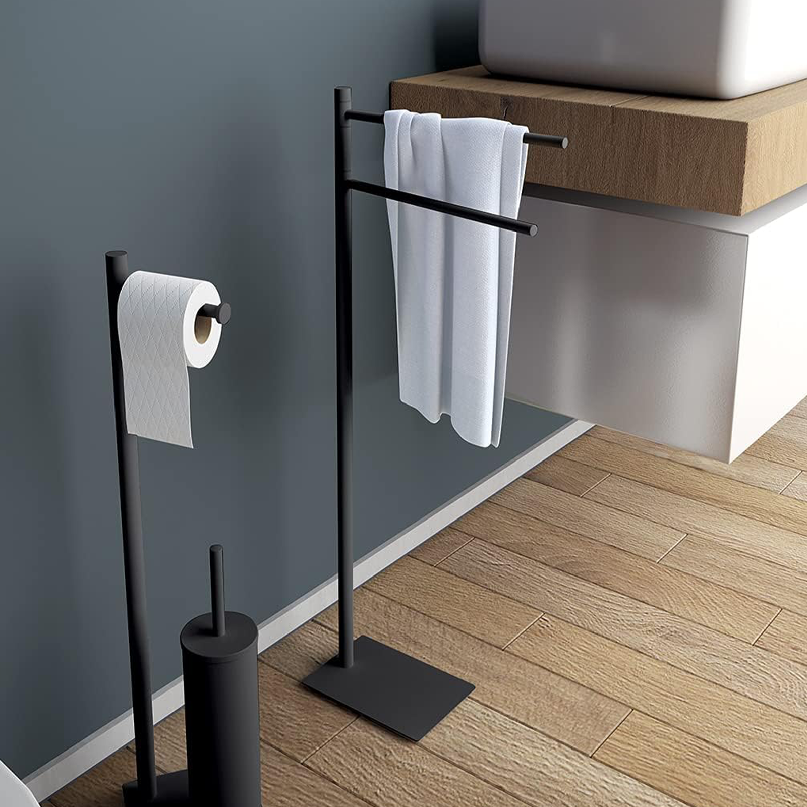 "Trilly" towel holder in matt black stainless steel, 34x12 cm, 83.5 cm high