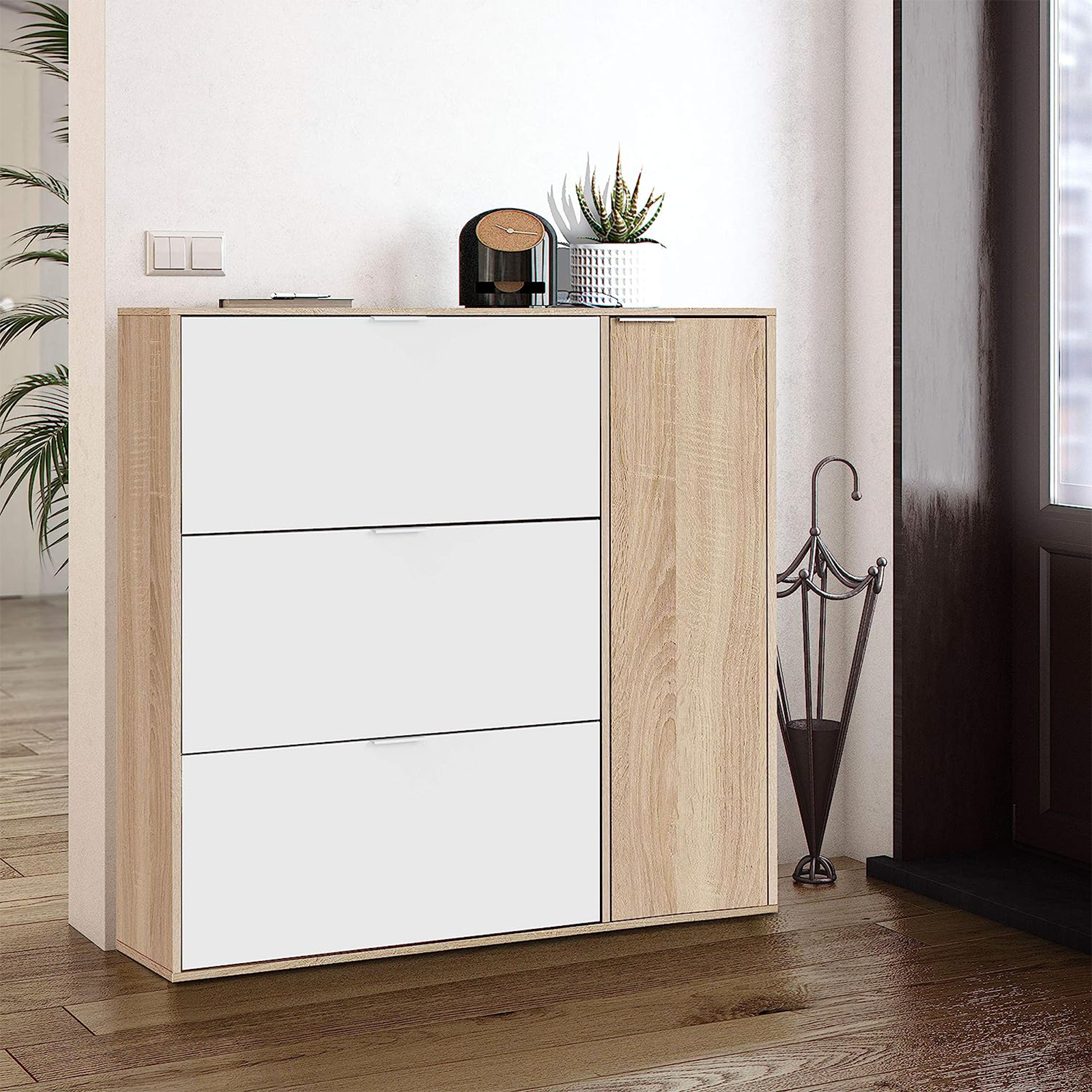 "Class" modular wooden shoe rack with 1 door and 3 flaps, 106x22 cm, 115h