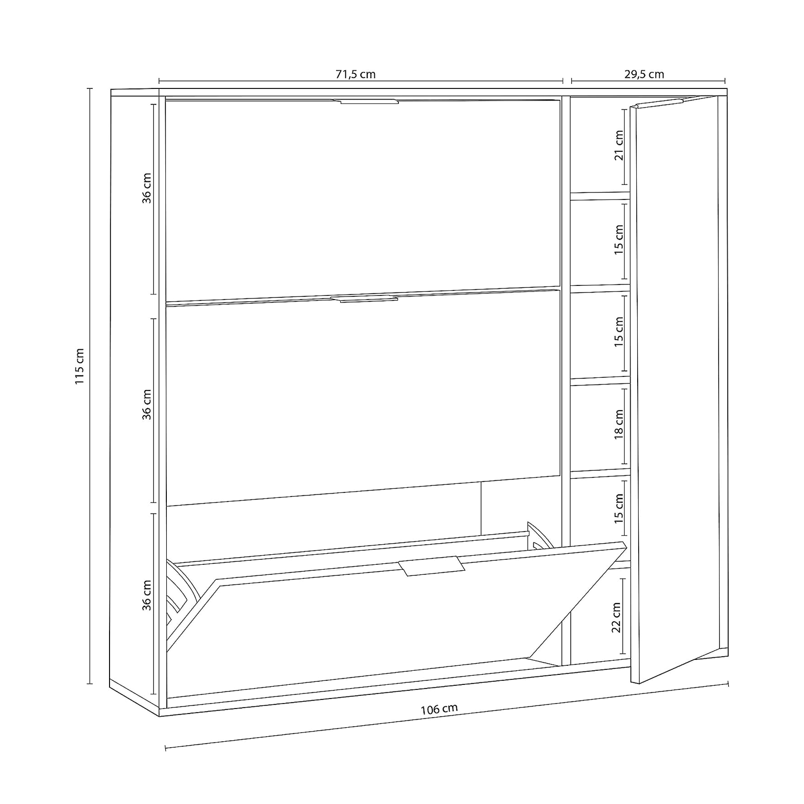 "Class" modular wooden shoe rack with 1 door and 3 flaps, 106x22 cm, 115h