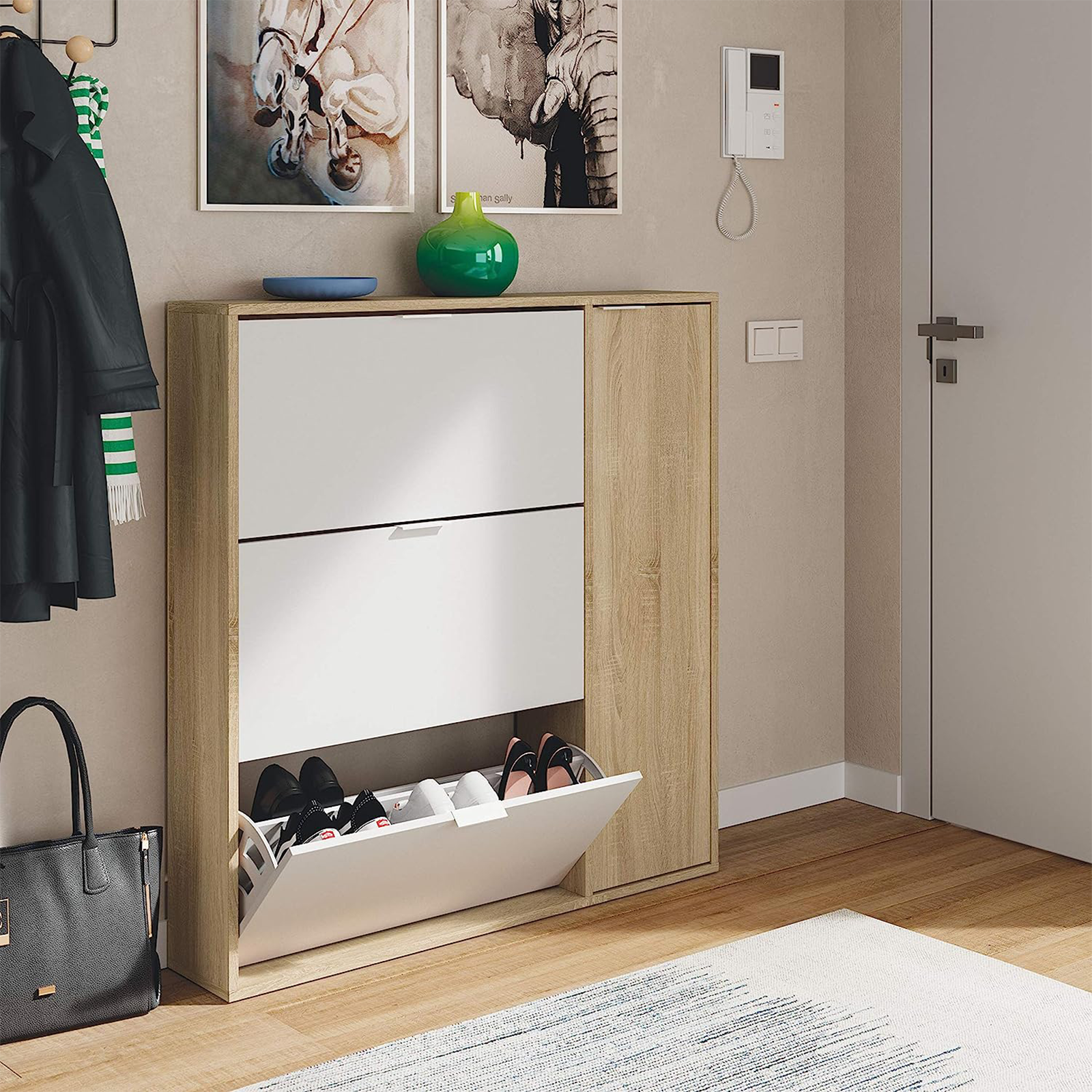 "Class" modular wooden shoe rack with 1 door and 3 flaps, 106x22 cm, 115h