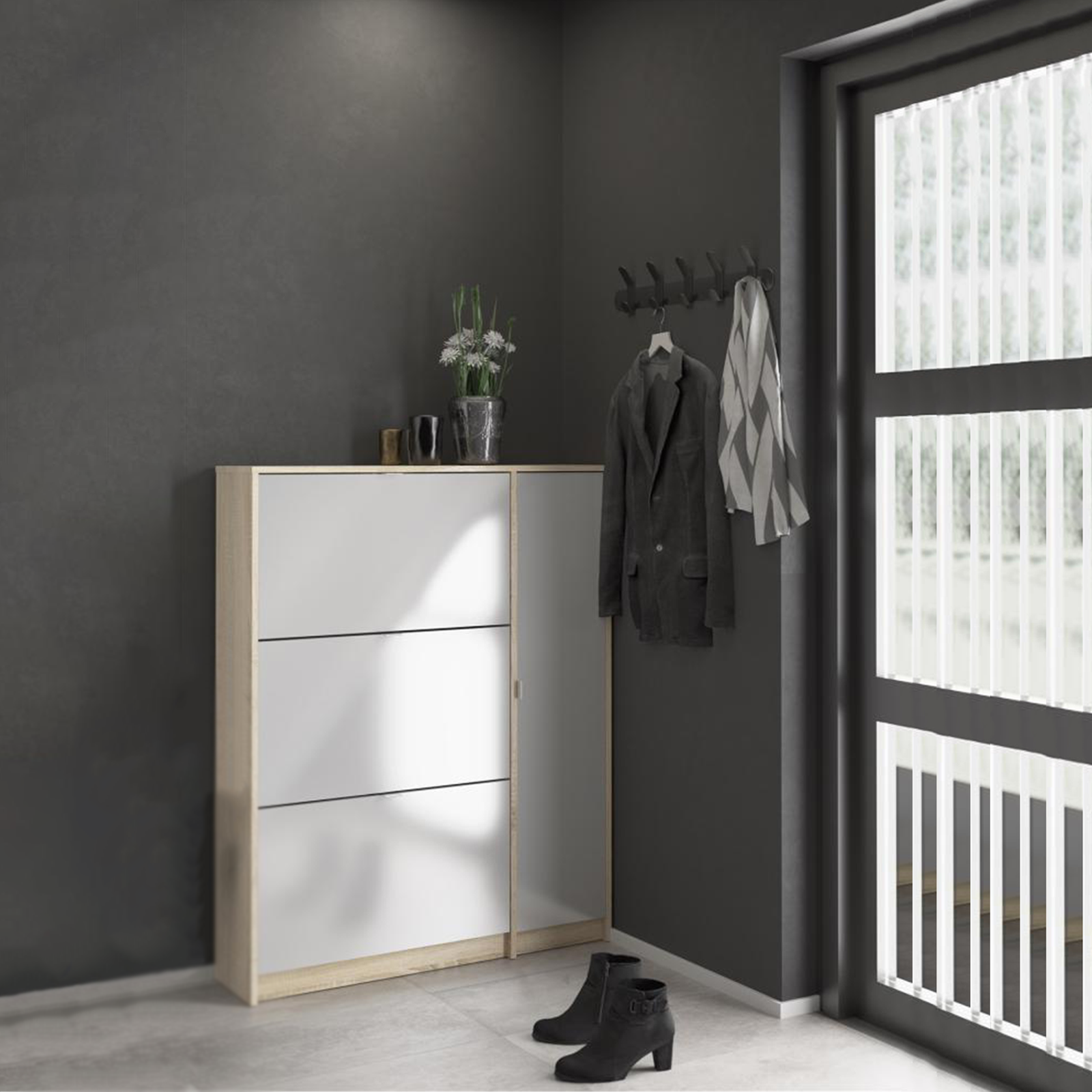 "Class" modular wooden shoe rack with 1 door and 3 flaps, 102x24 cm, 125 cm high