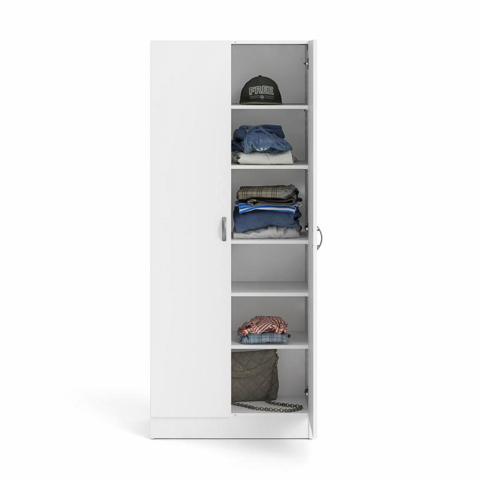 "Focus" 2-door shoe cabinet in white wood, 69.2 x 34.6 cm, 170.4 cm high.