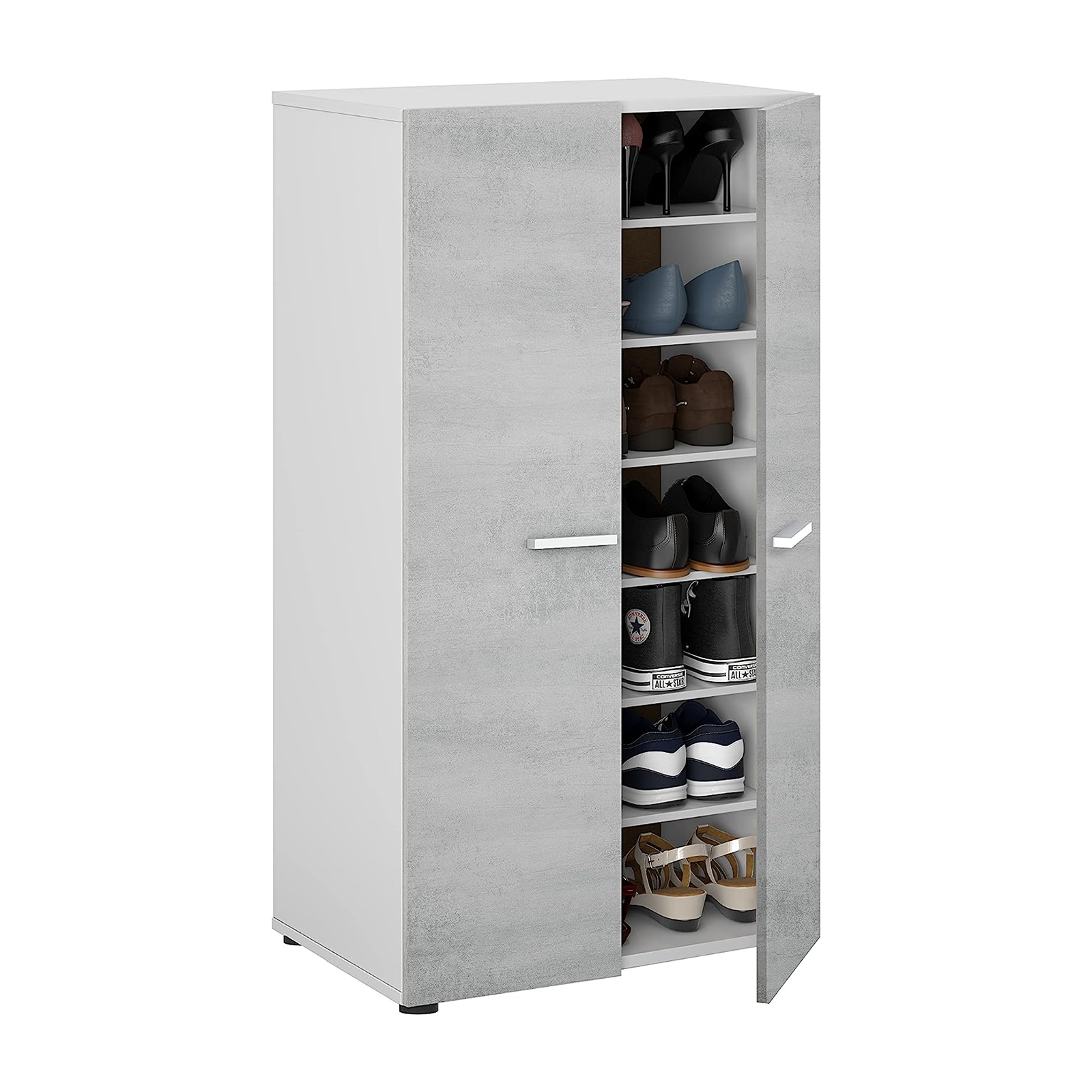 Modern 2-door shoe cabinet "Tisca" in white wood and concrete, 55x36 cm, 104h