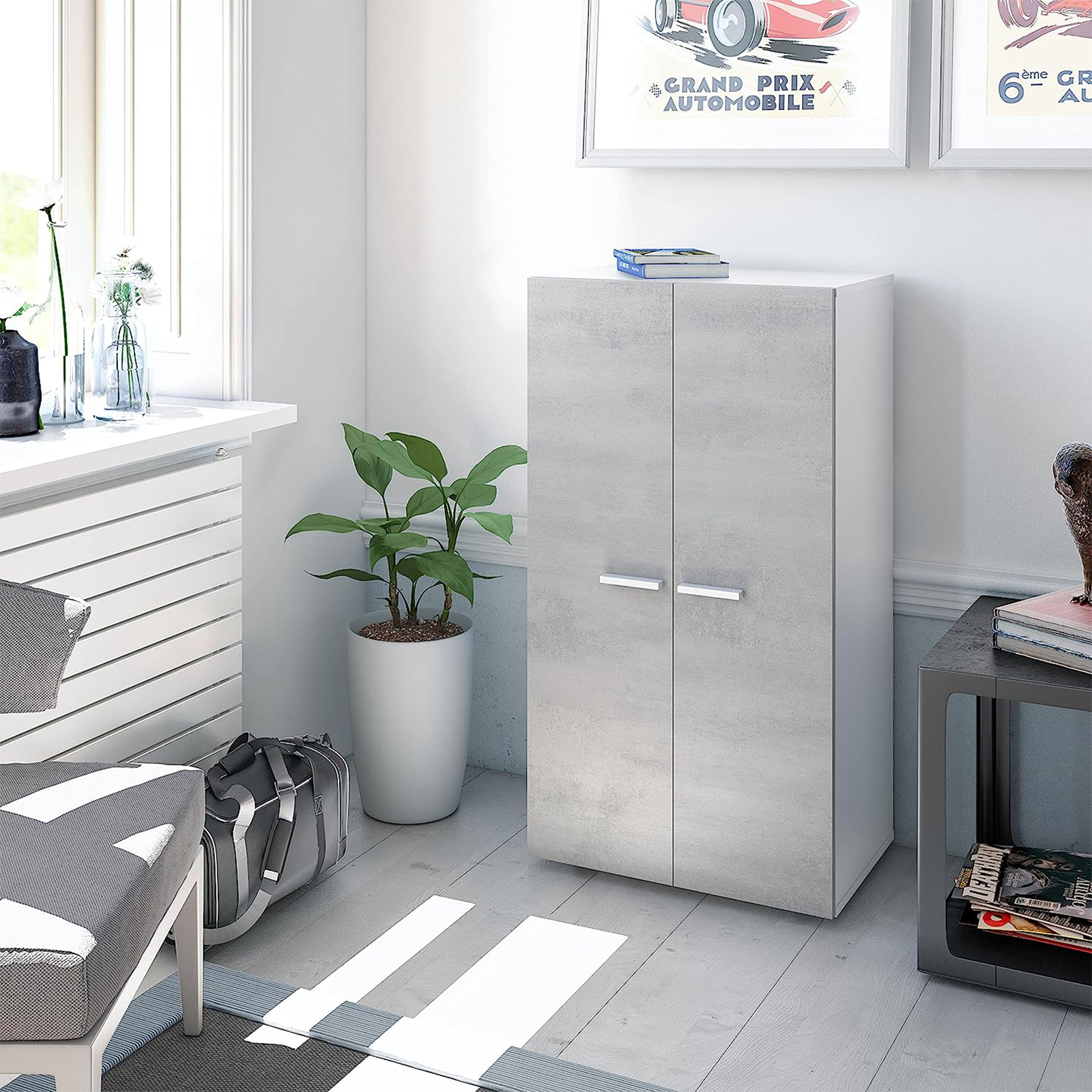 Modern 2-door shoe cabinet "Tisca" in white wood and concrete, 55x36 cm, 104h