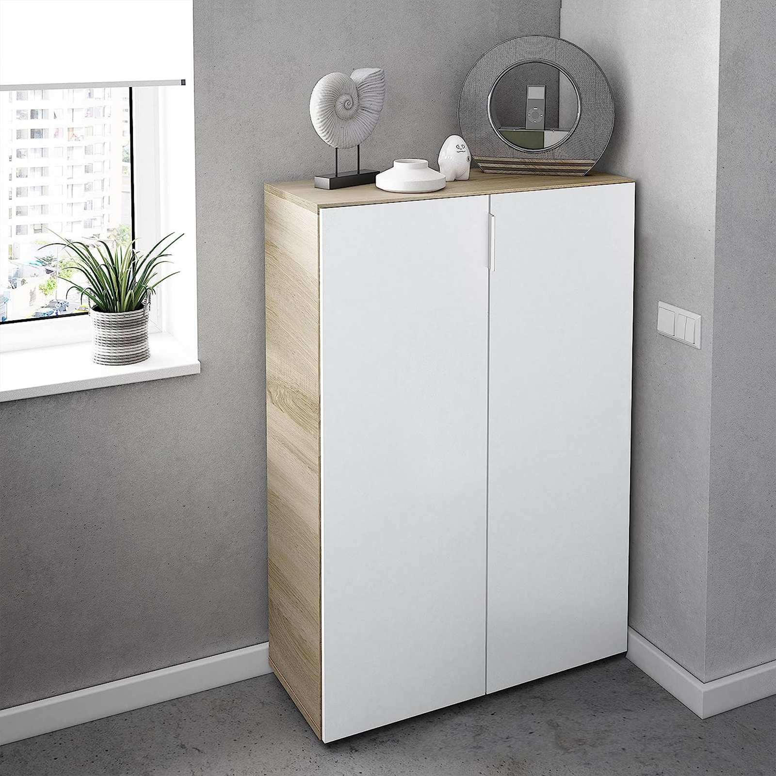 "Maxi" 2-door shoe cabinet in oak and white wood, 72x36 cm, 103h