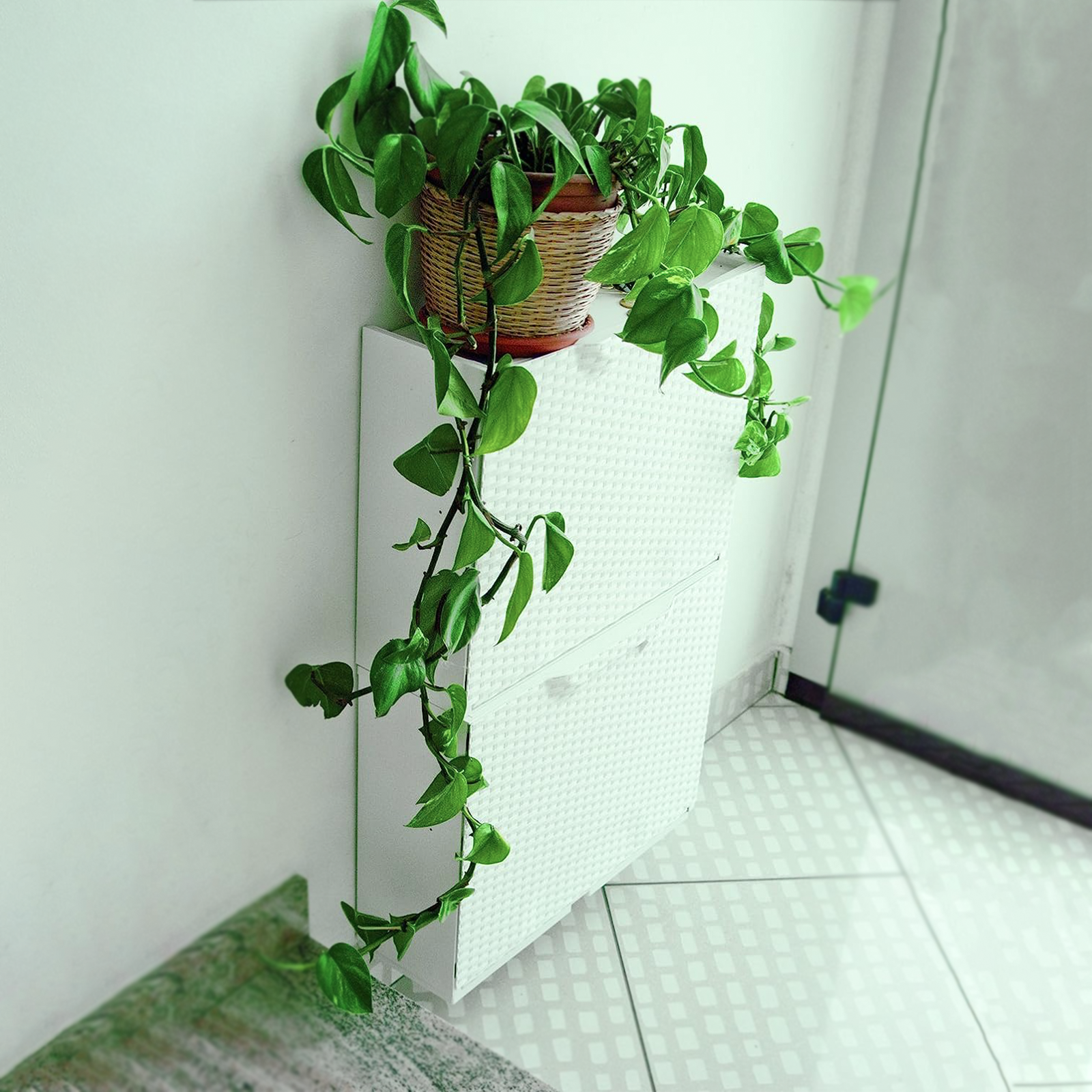 Modular shoe rack in plastic rattan with retractable door cm 51x18 40h