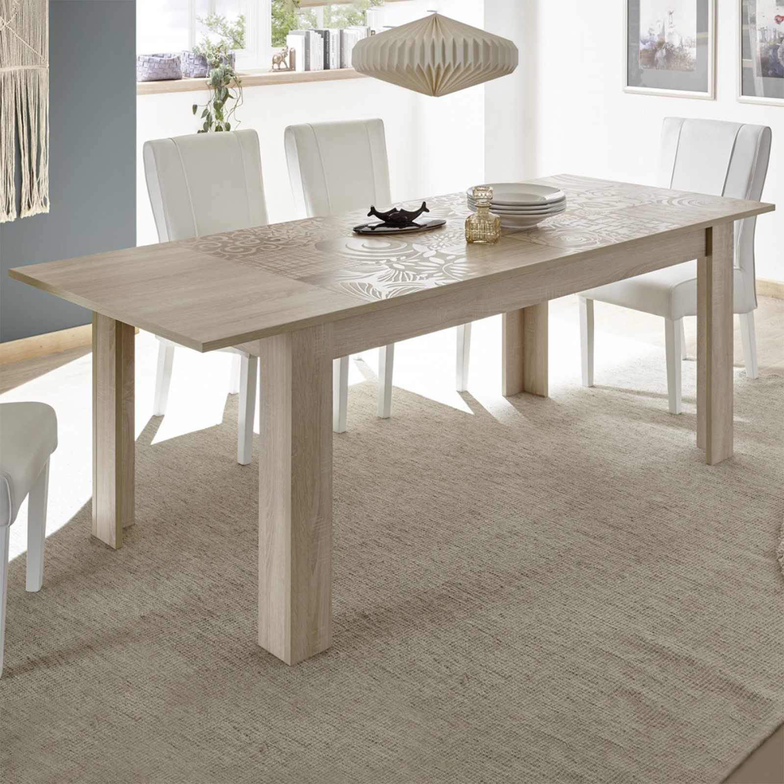 Extendable modern table "Miro" in screen-printed wood cm 137/185x90 79h