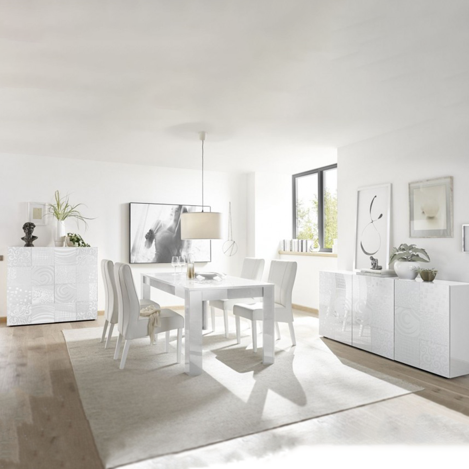 Fixed modern table "Urban" in white silk-screened wood, 180x90 cm, 79h