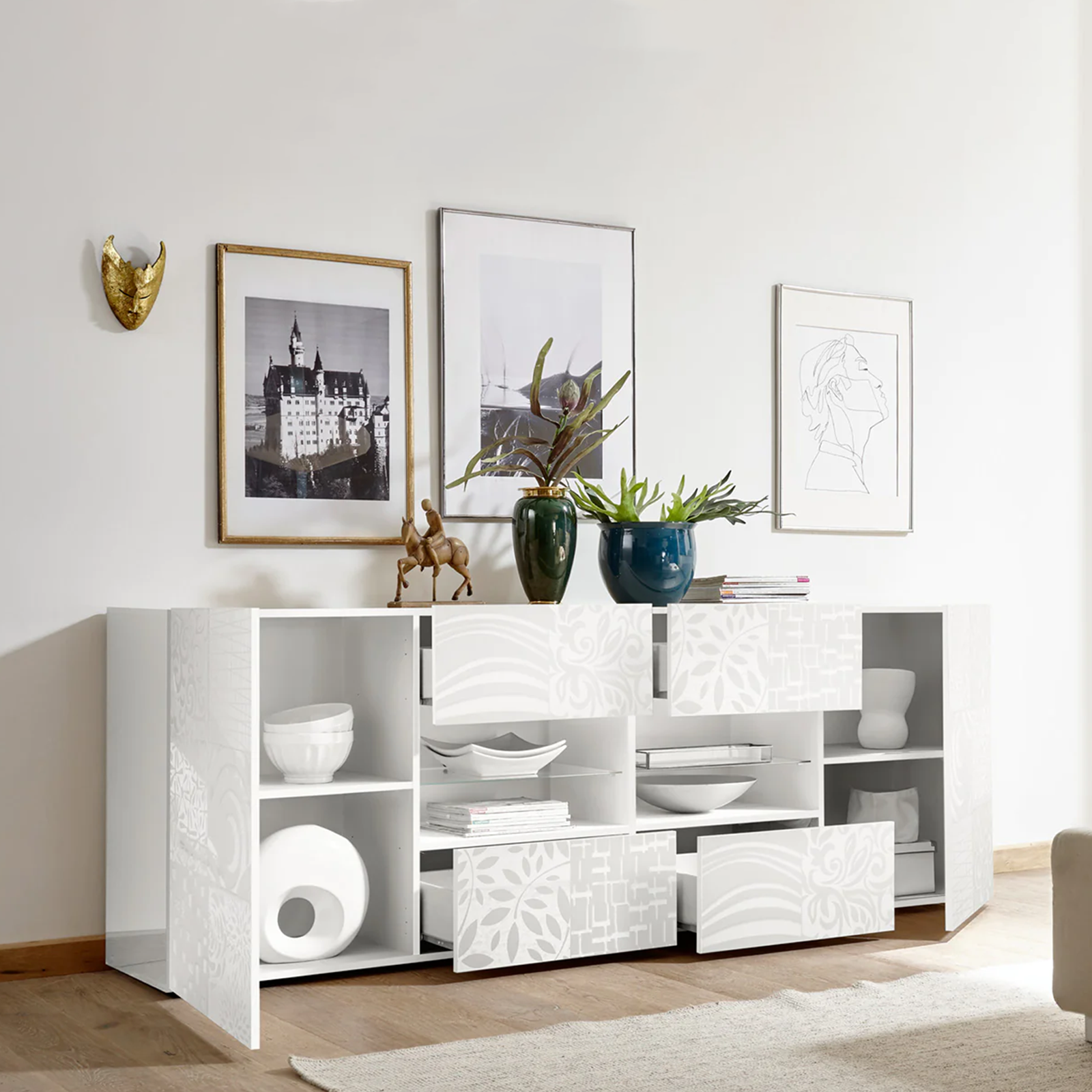 "Miro" white lacquered wooden buffet sideboard with 2 doors and 4 drawers, 241x42 cm, 84h