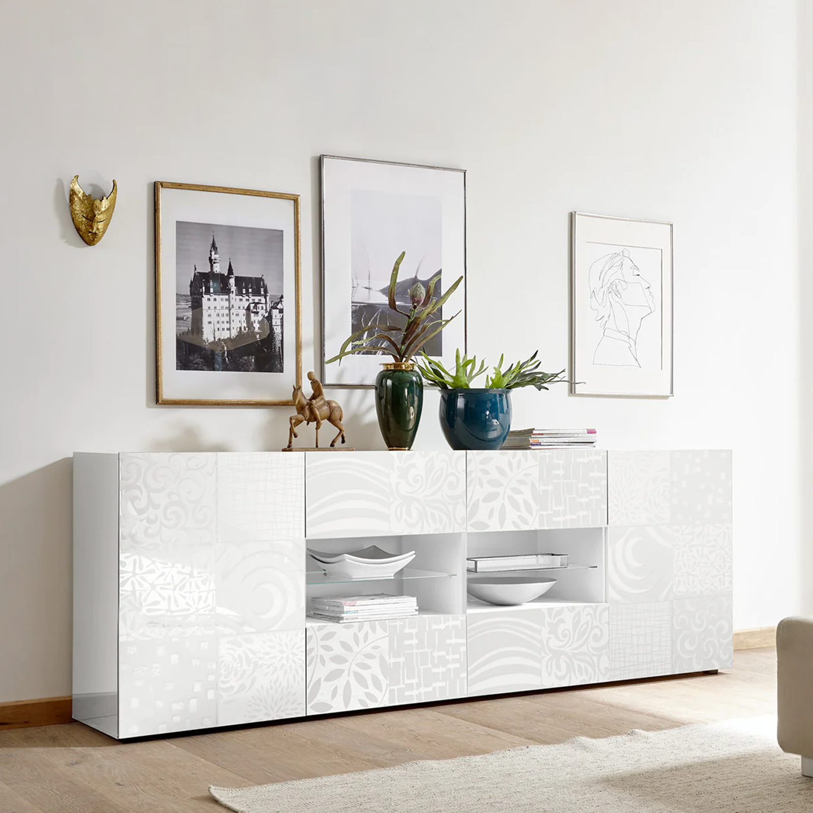"Miro" white lacquered wooden buffet sideboard with 2 doors and 4 drawers, 241x42 cm, 84h