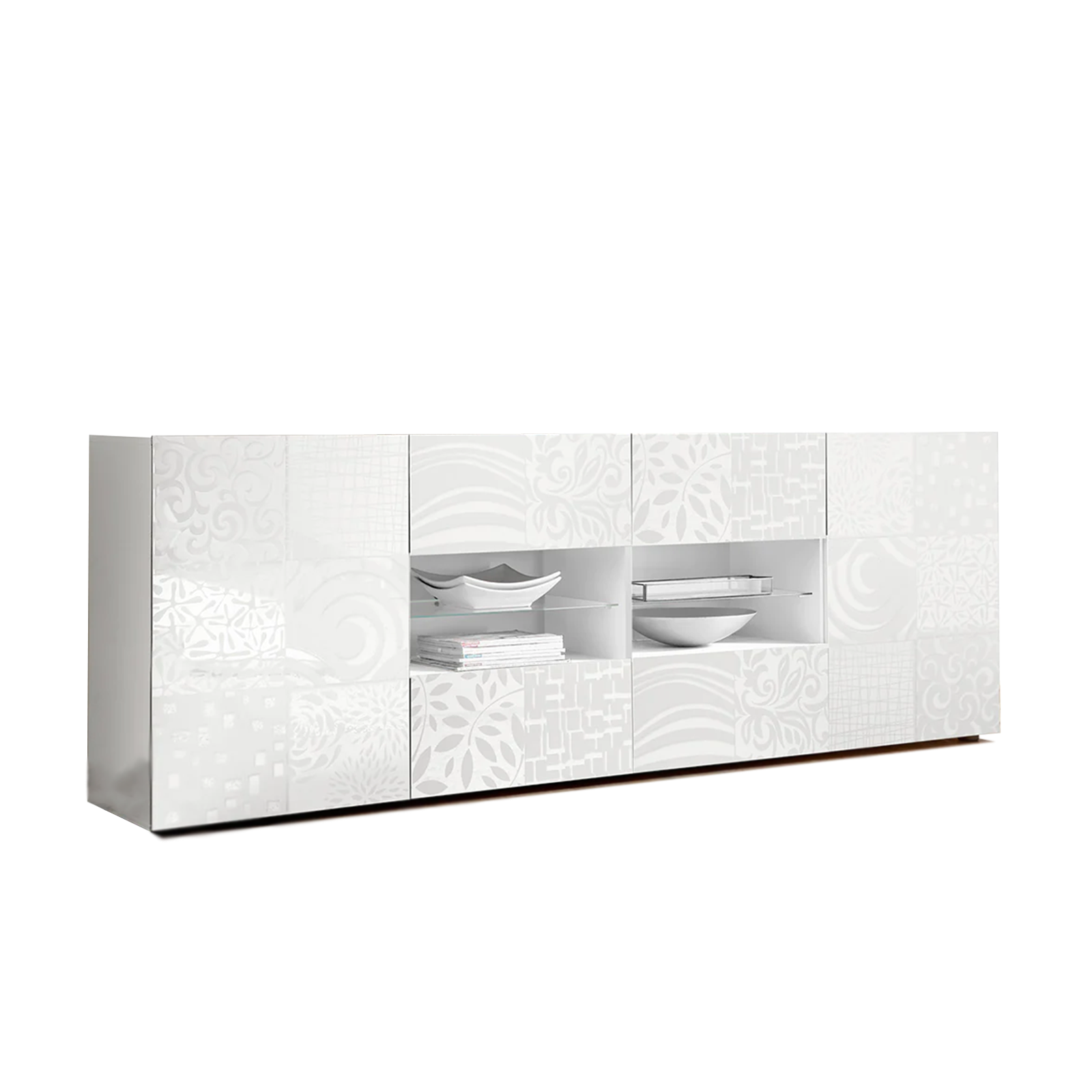 "Miro" white lacquered wooden buffet sideboard with 2 doors and 4 drawers, 241x42 cm, 84h
