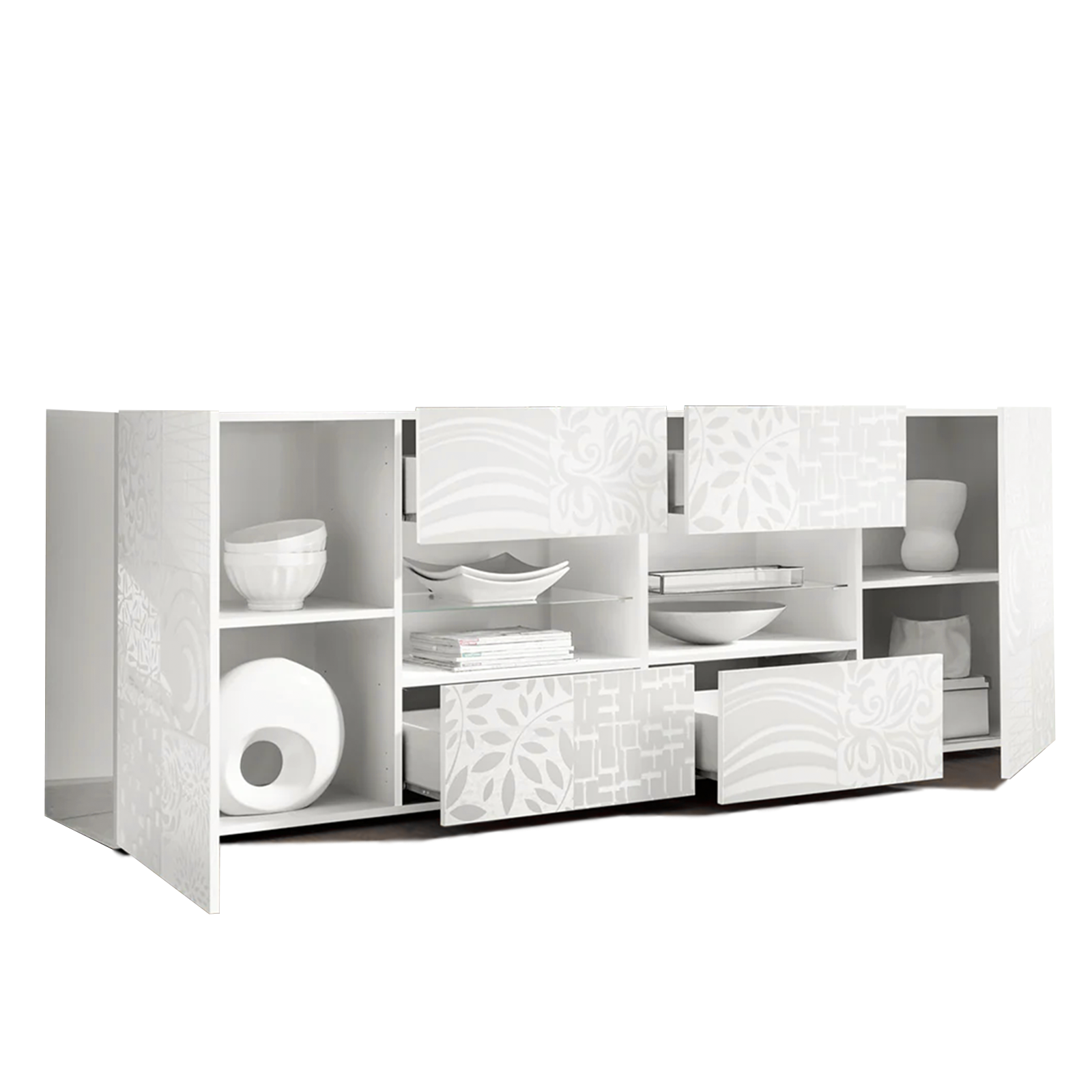 "Miro" white lacquered wooden buffet sideboard with 2 doors and 4 drawers, 241x42 cm, 84h