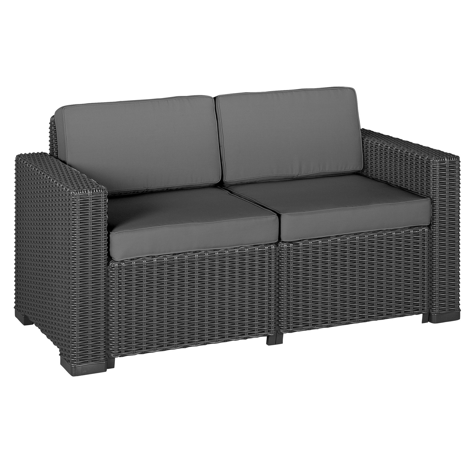 "California" 2-seater rattan-effect resin sofa with cushions, 141 x 68 cm, 72 cm high.