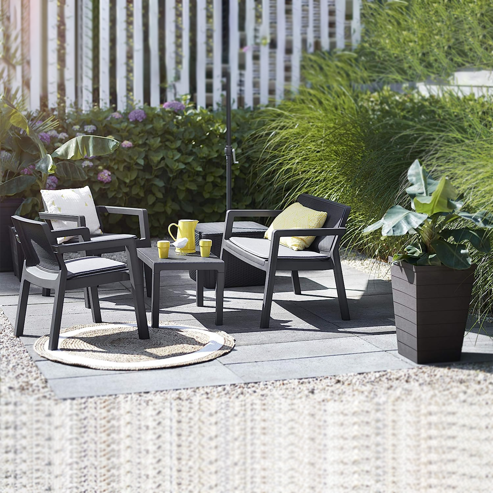 "Emily" graphite resin garden lounge set, sofa, 2 armchairs, coffee table with cushions