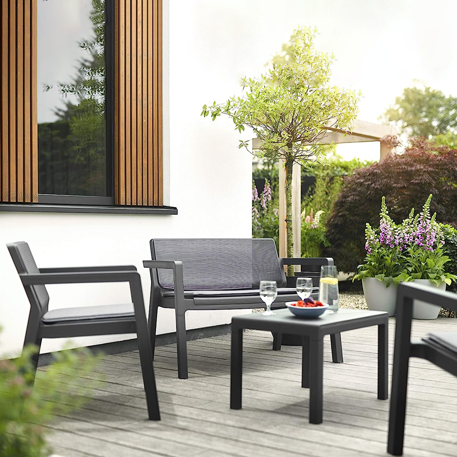 "Emily" graphite resin garden lounge set, sofa, 2 armchairs, coffee table with cushions