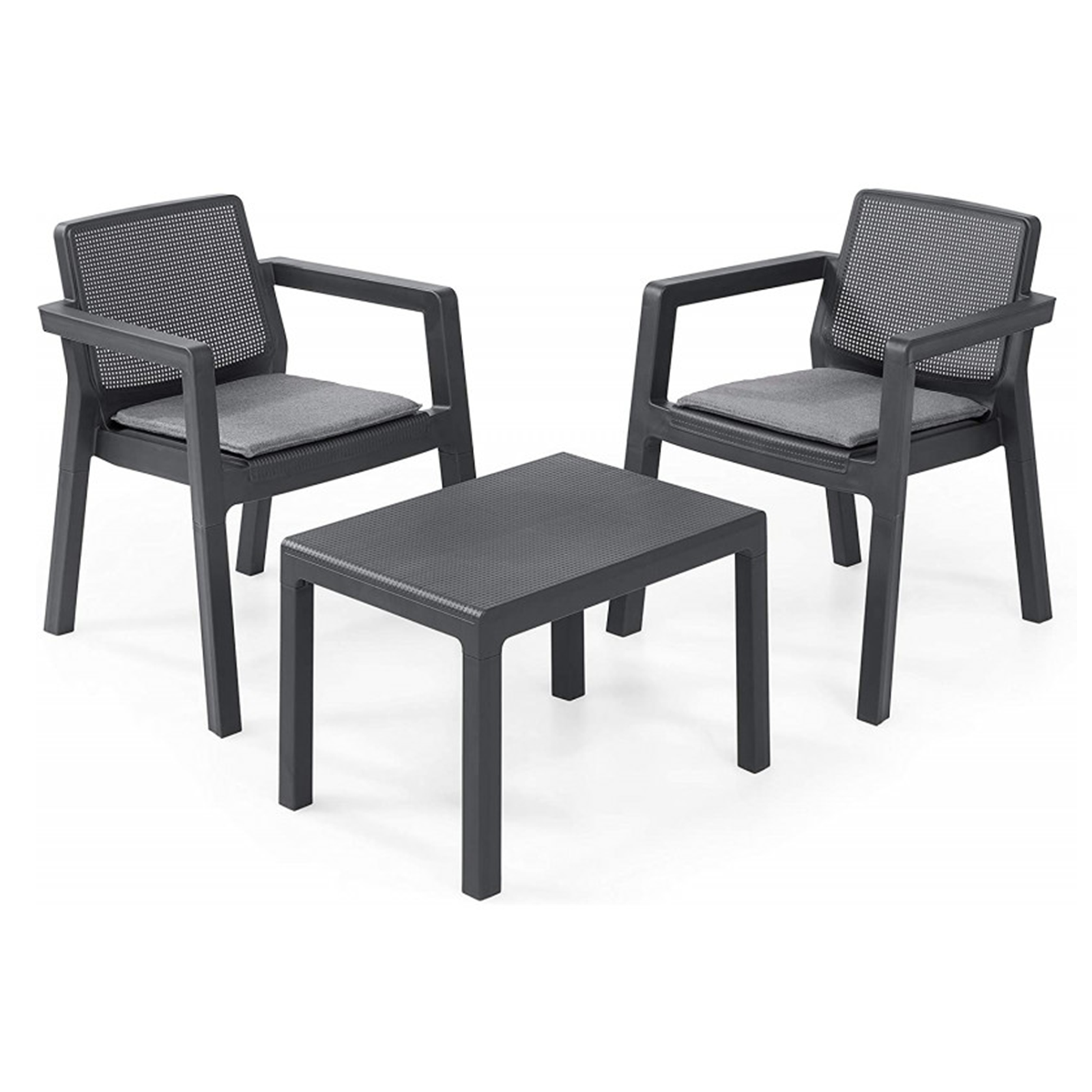 "Emily" graphite resin garden lounge set, sofa, 2 armchairs, coffee table with cushions