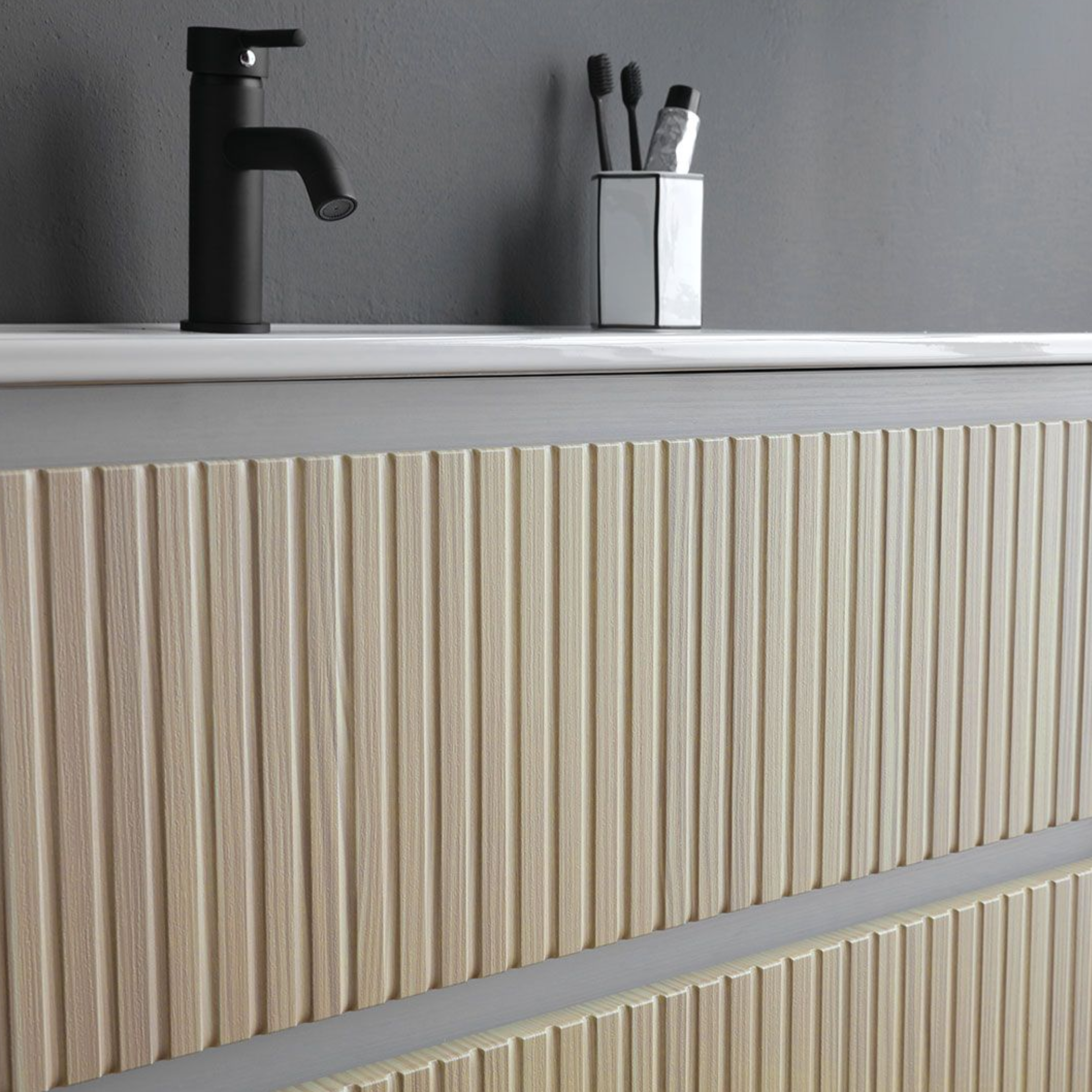 "Santorini" wall-hung bathroom cabinet, 80 cm, white and oak, with ribbed front and ceramic sink
