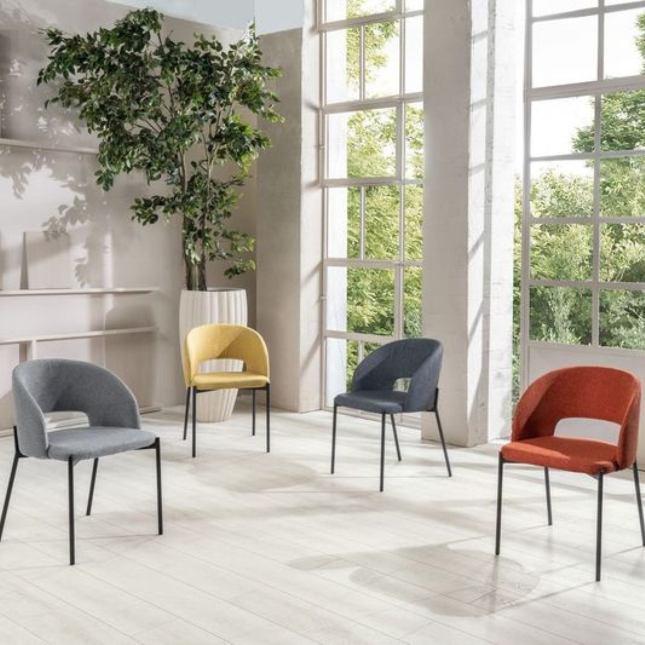 Set of modern upholstered "Erica" dining chairs in fabric, 56x52 cm, 78.5 cm high.