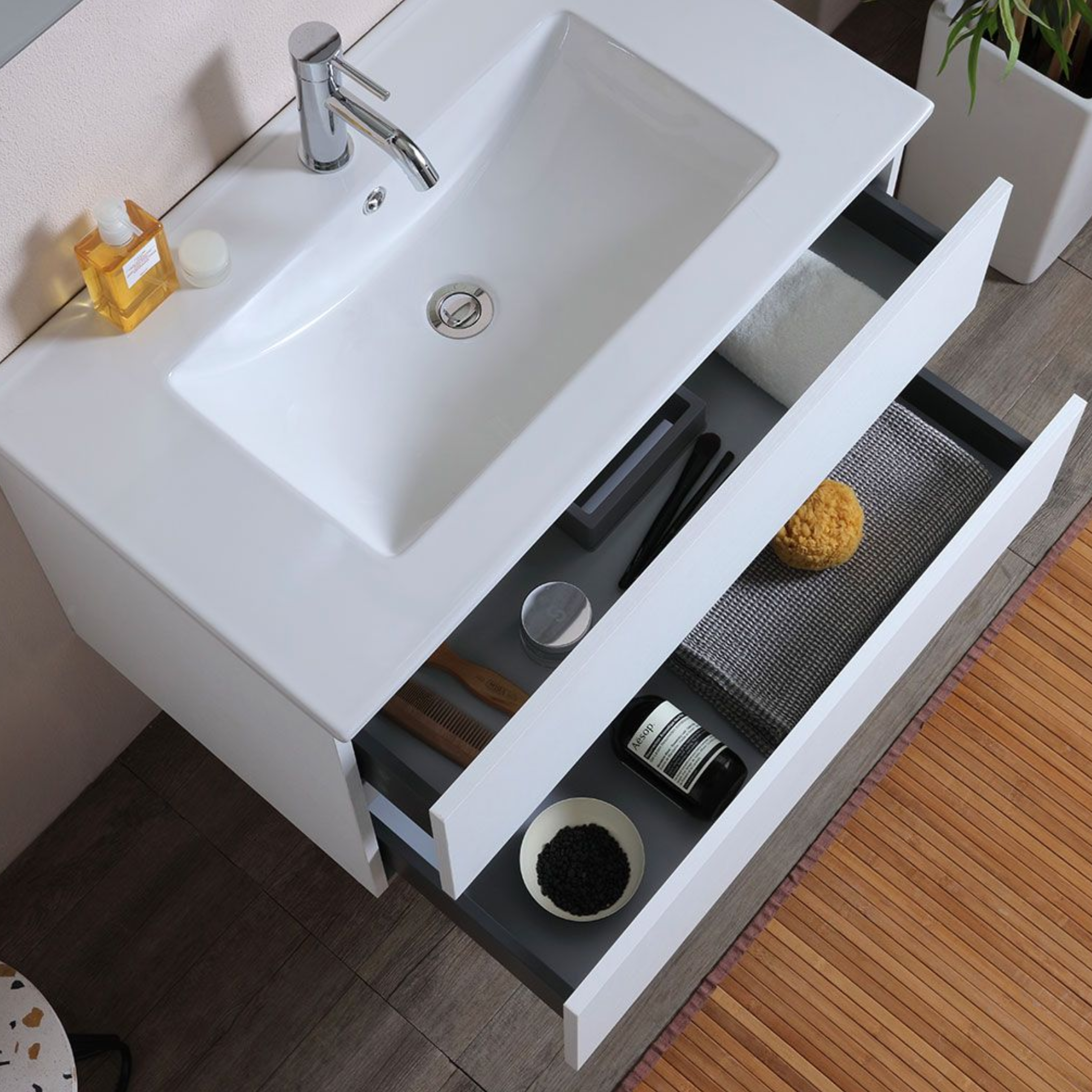 "Belize80" white wall-hung bathroom cabinet with two drawers and a ceramic sink