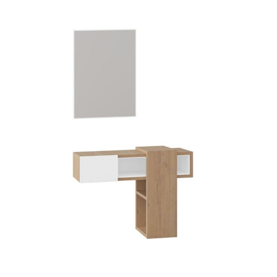 "Elfo" white oak entrance hall unit with mirror, drawer and open compartments