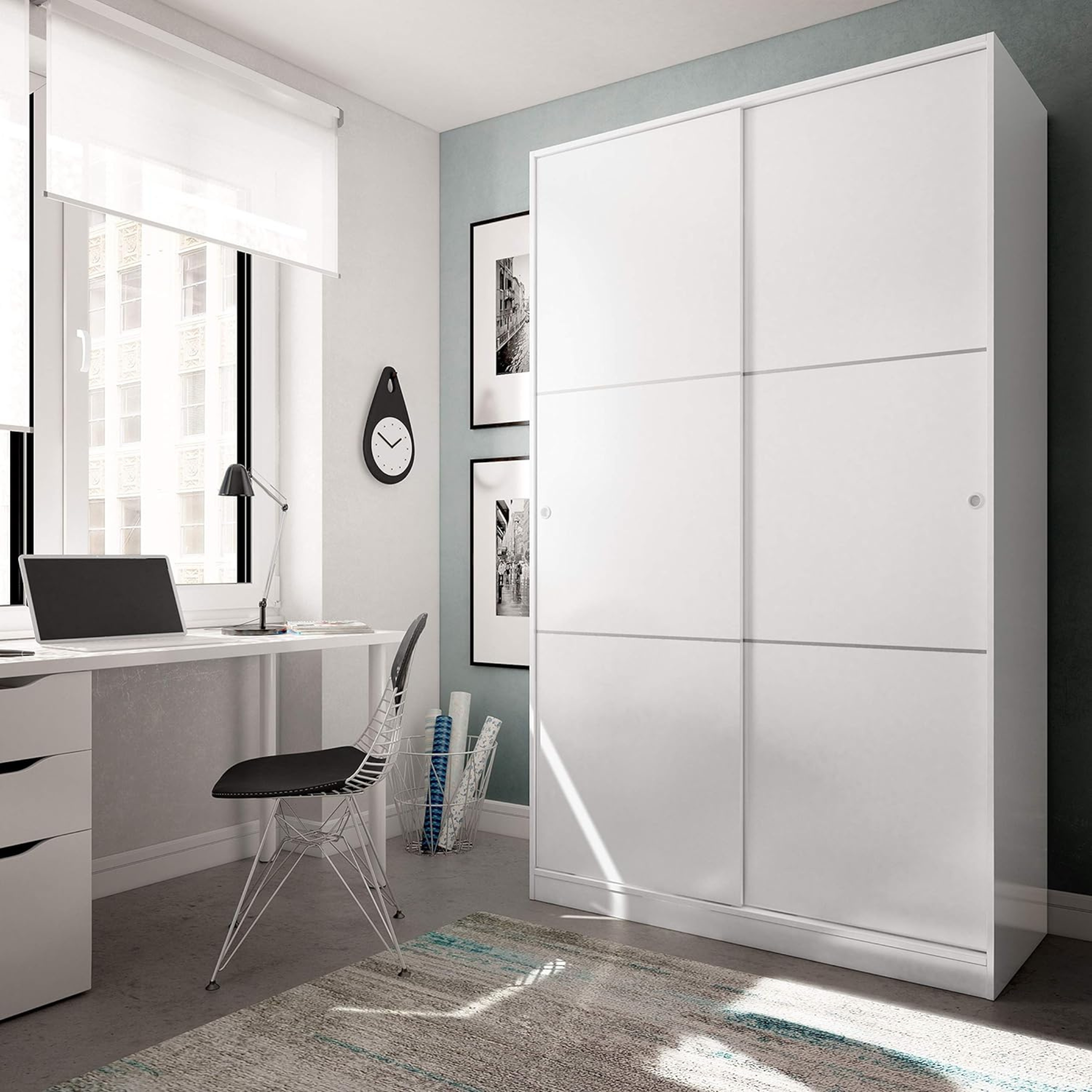 White wooden wardrobe with 2 sliding doors and 3 shelves, 120x50 cm, 200 cm high