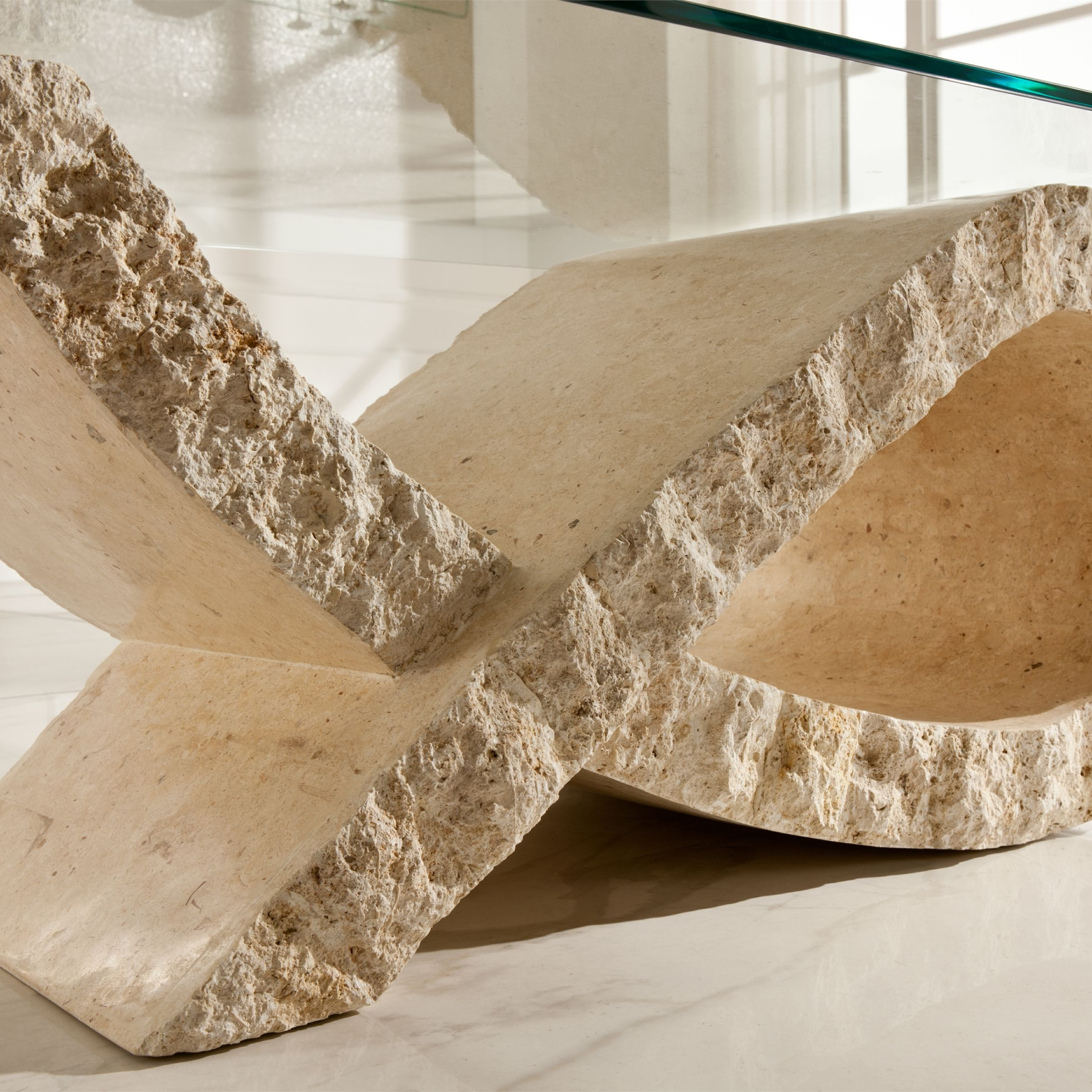 Low table in fossil stone "Flake" tempered glass top 120x70 cm 37h