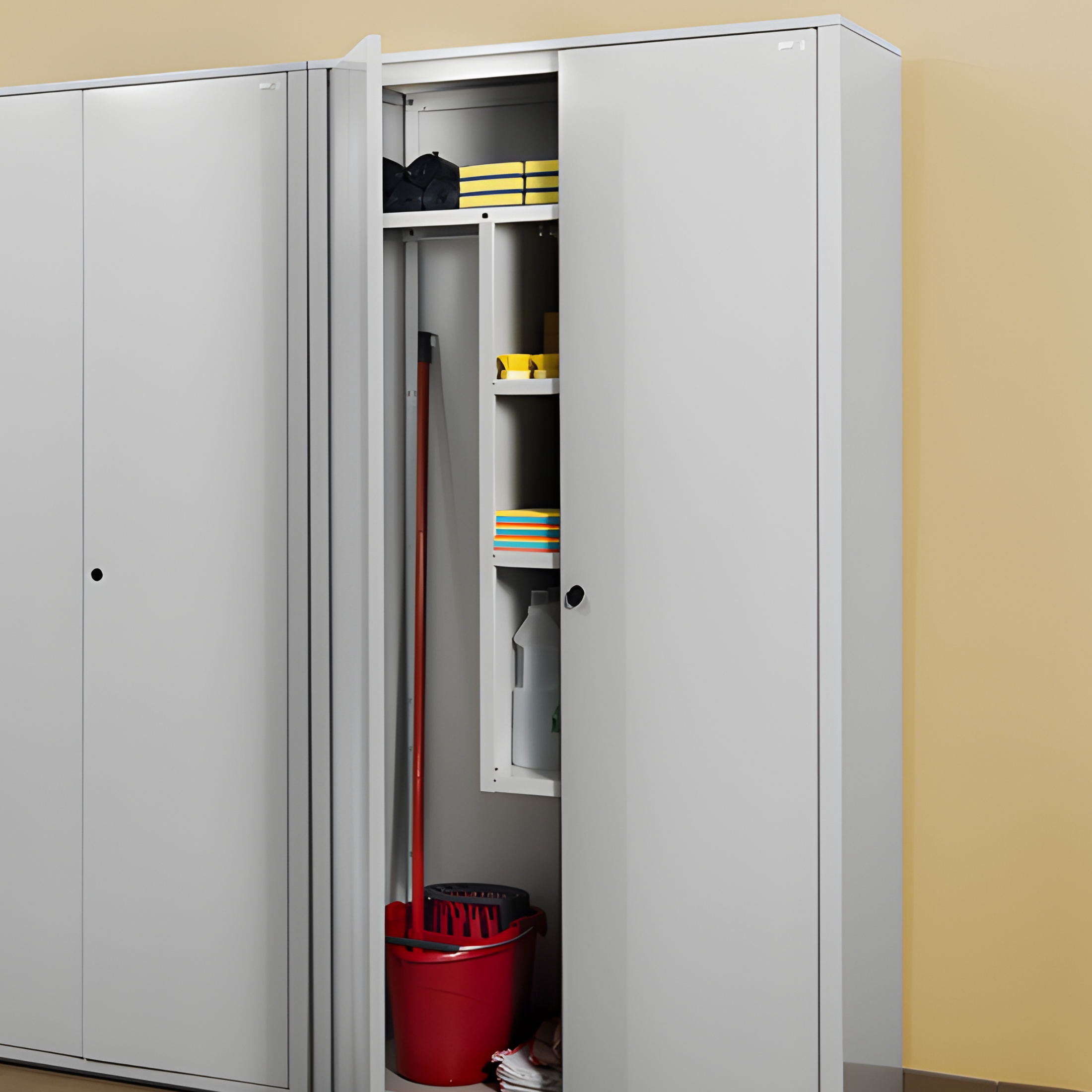 "Plos2" sheet metal broom cupboard with 2 lockable doors, 180 cm high