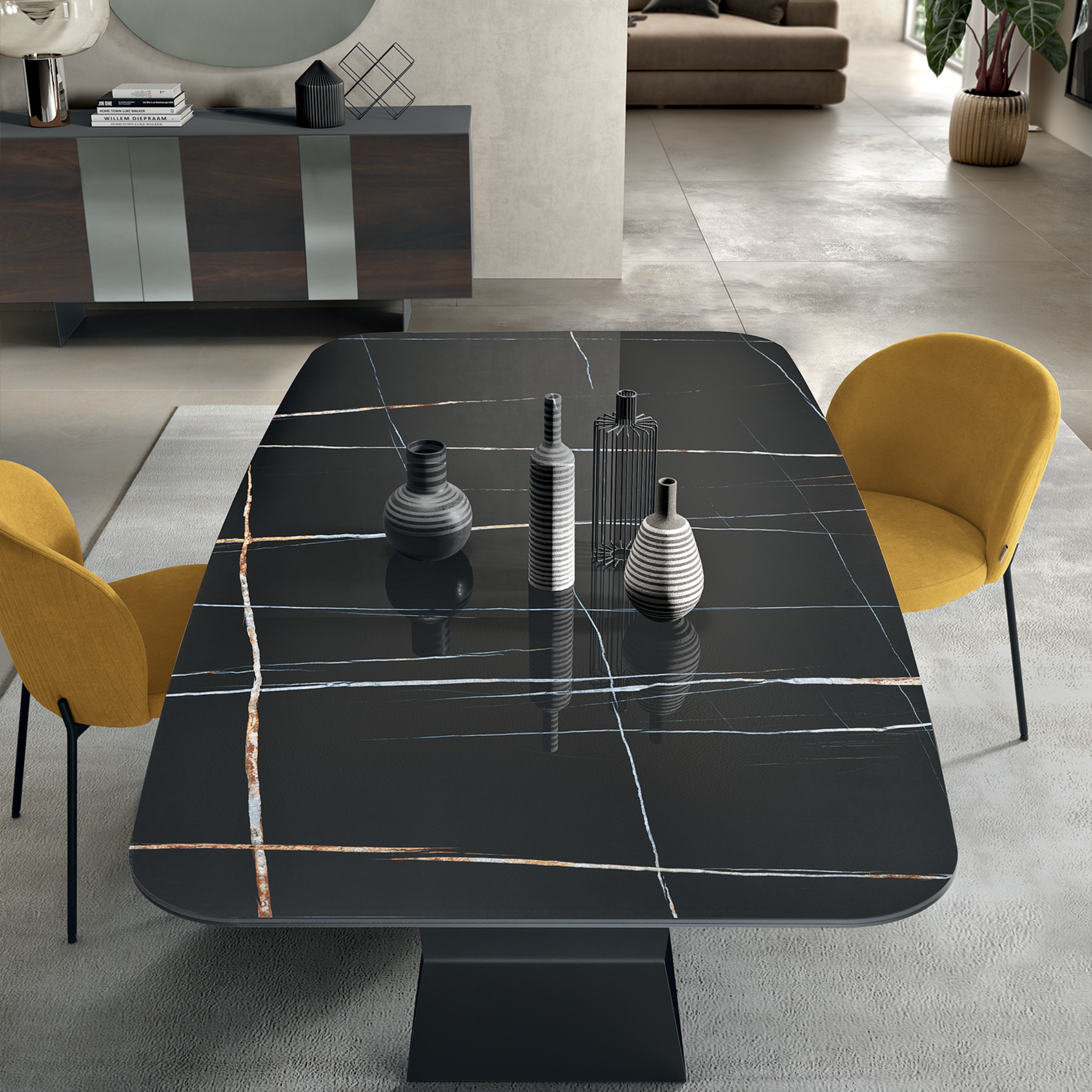 "Karlito" modern fixed table with painted metal base, 210x110 cm, 75 cm high.