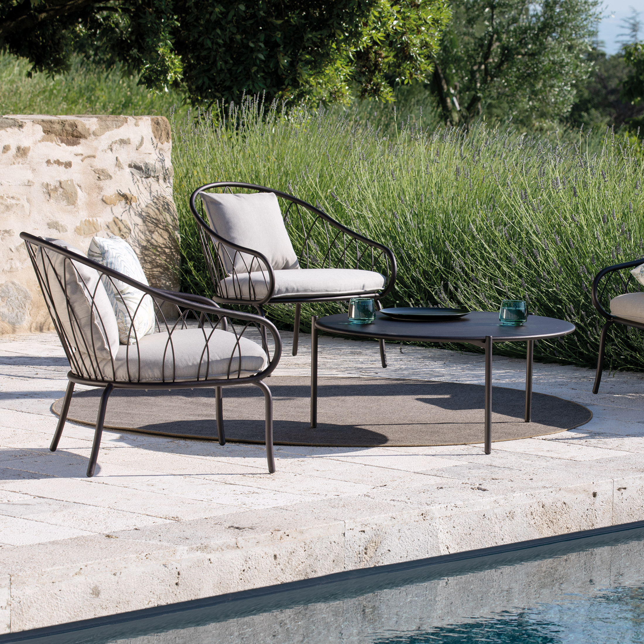 Low metal garden armchair "Flora" stackable lounge chair 75x75 cm 75h