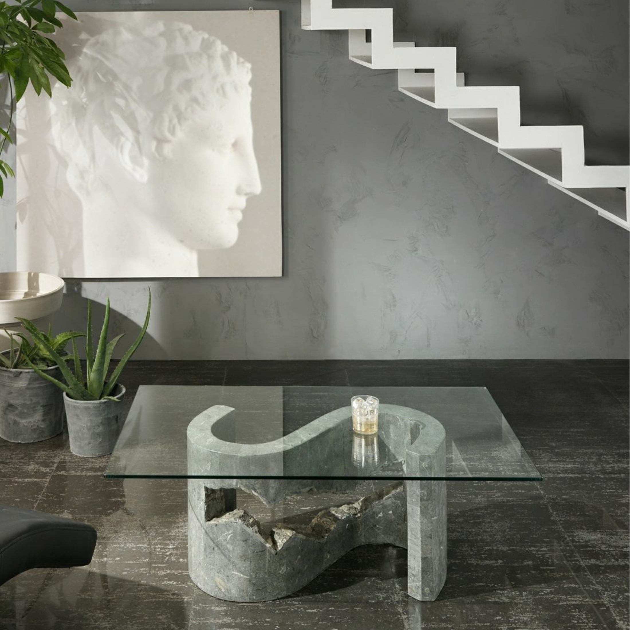 "Esse" fossil stone coffee table with tempered glass top, 120x70 cm, 36 cm high