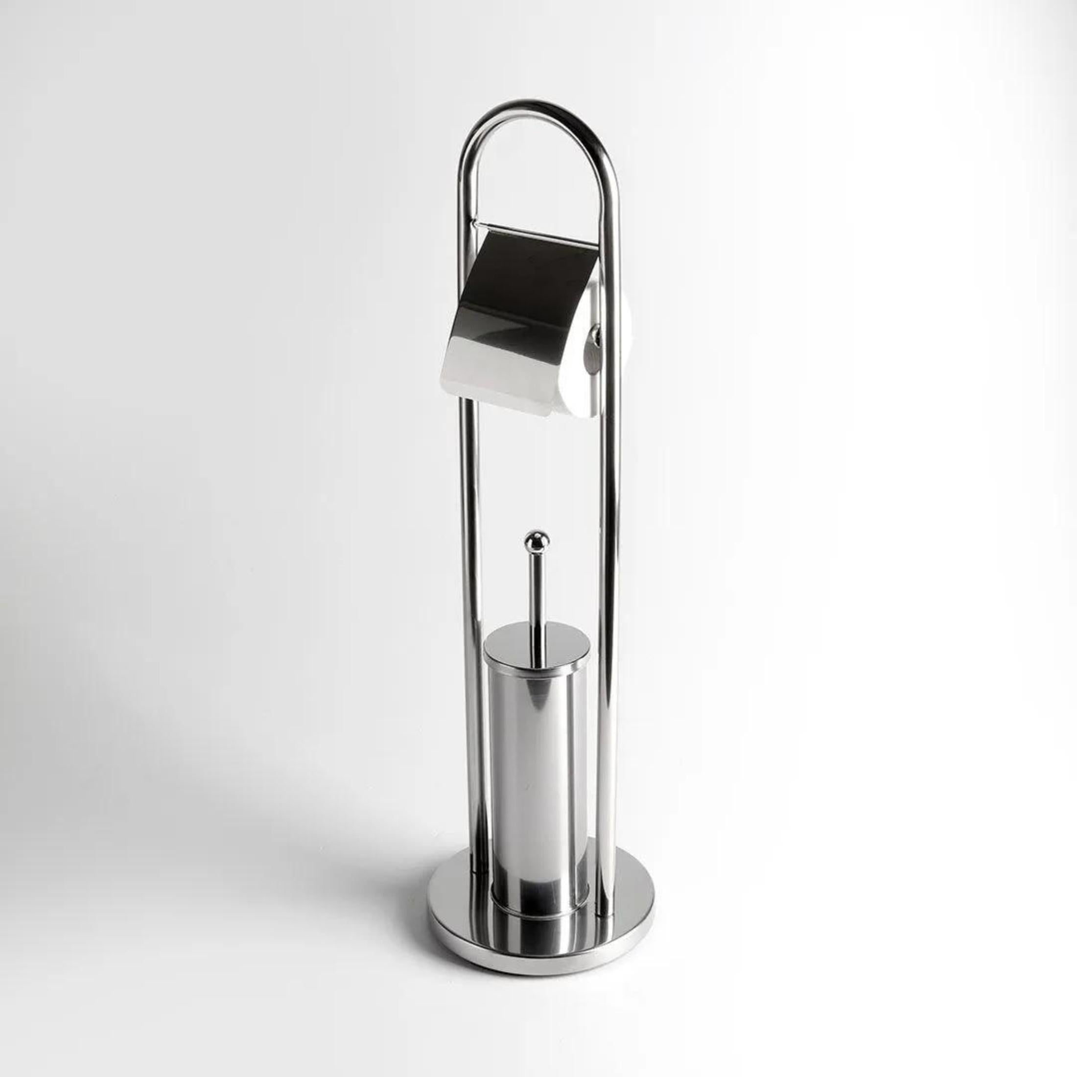 "Amélie" chrome-plated metal toilet roll holder and toilet brush holder with round base