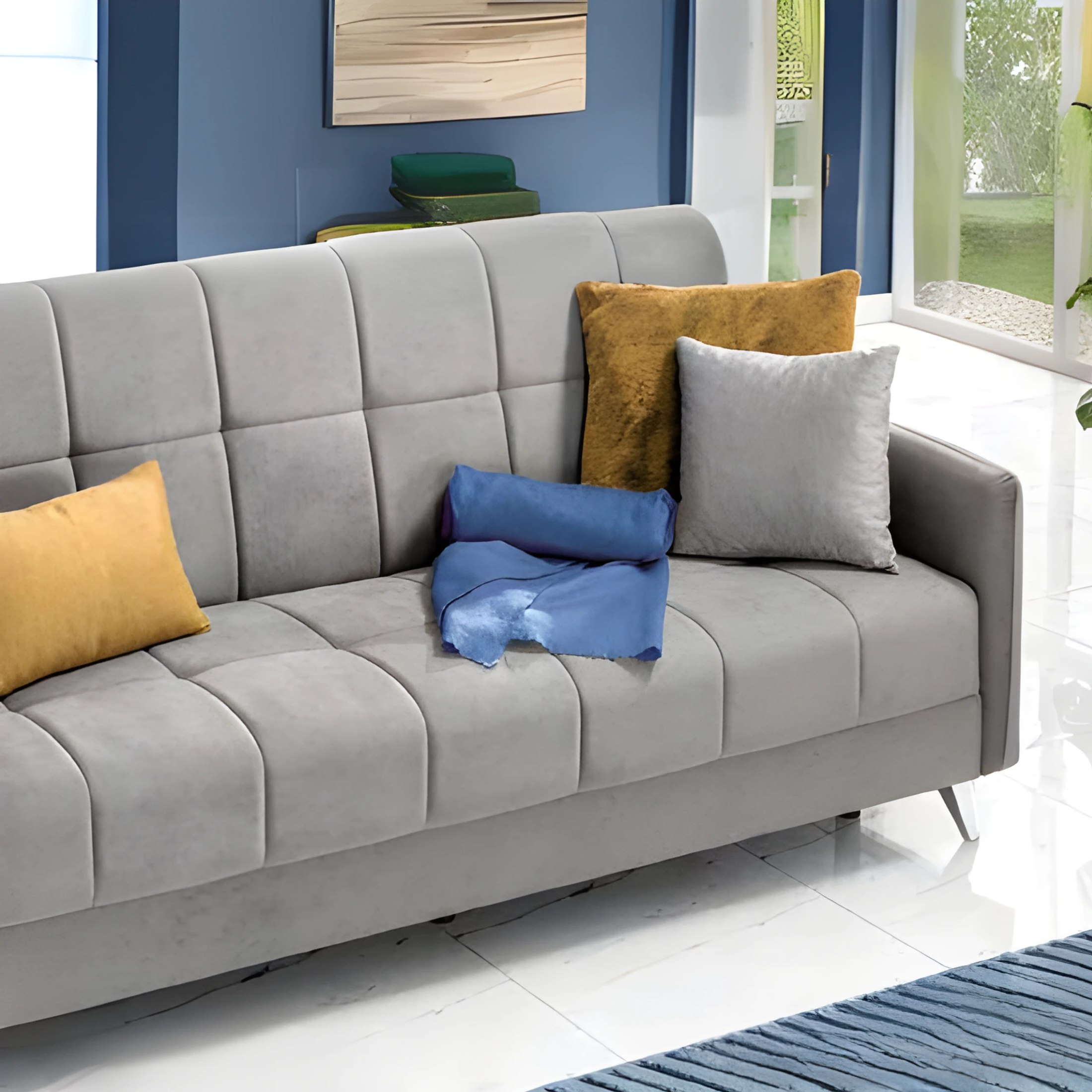 "Santi Bacos" 3-seater sofa bed with storage in velvet with 2 cushions, 211x92 cm, 98h