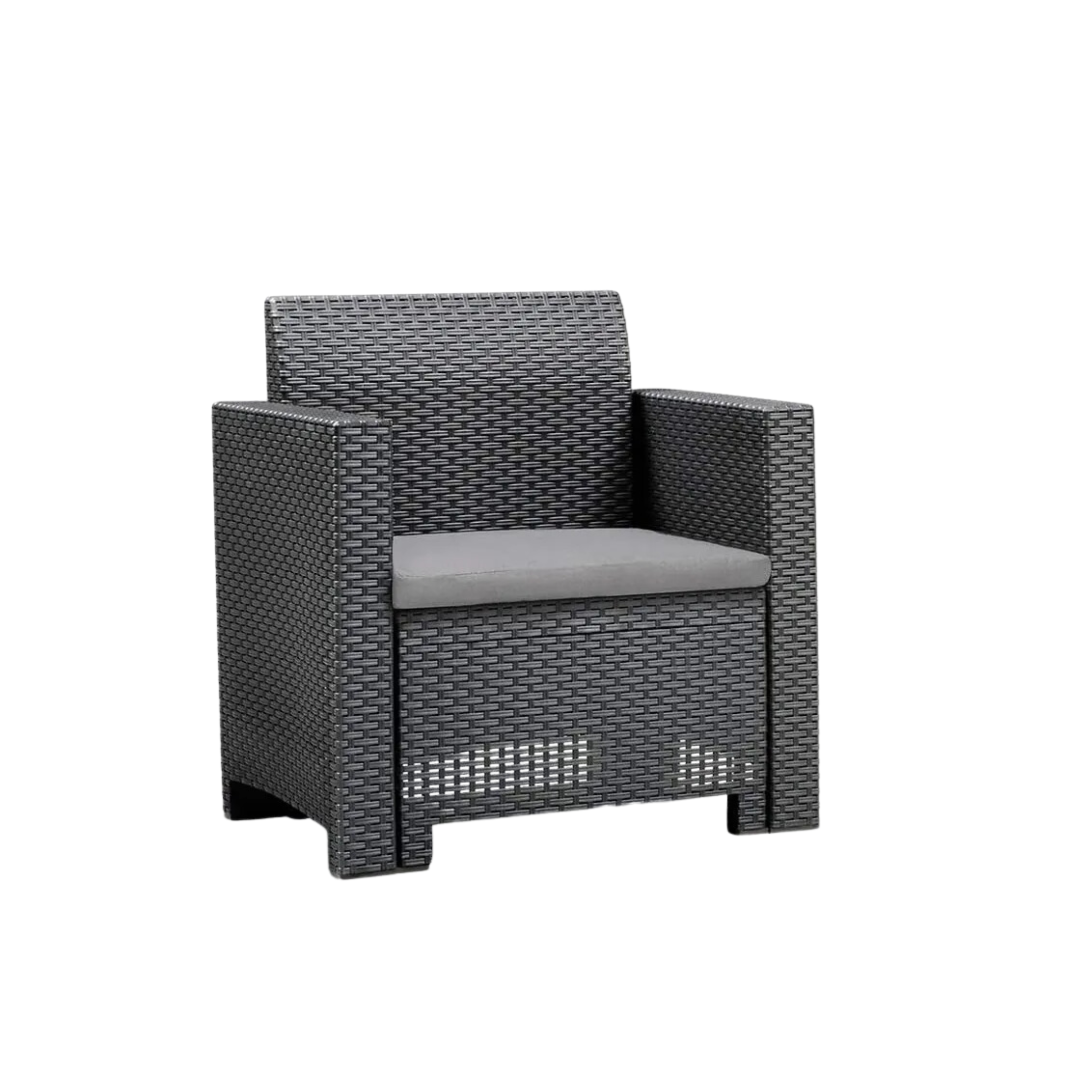 "Nebraska II" garden lounge set in rattan resin, coffee table + sofa + 2 armchairs with cushions