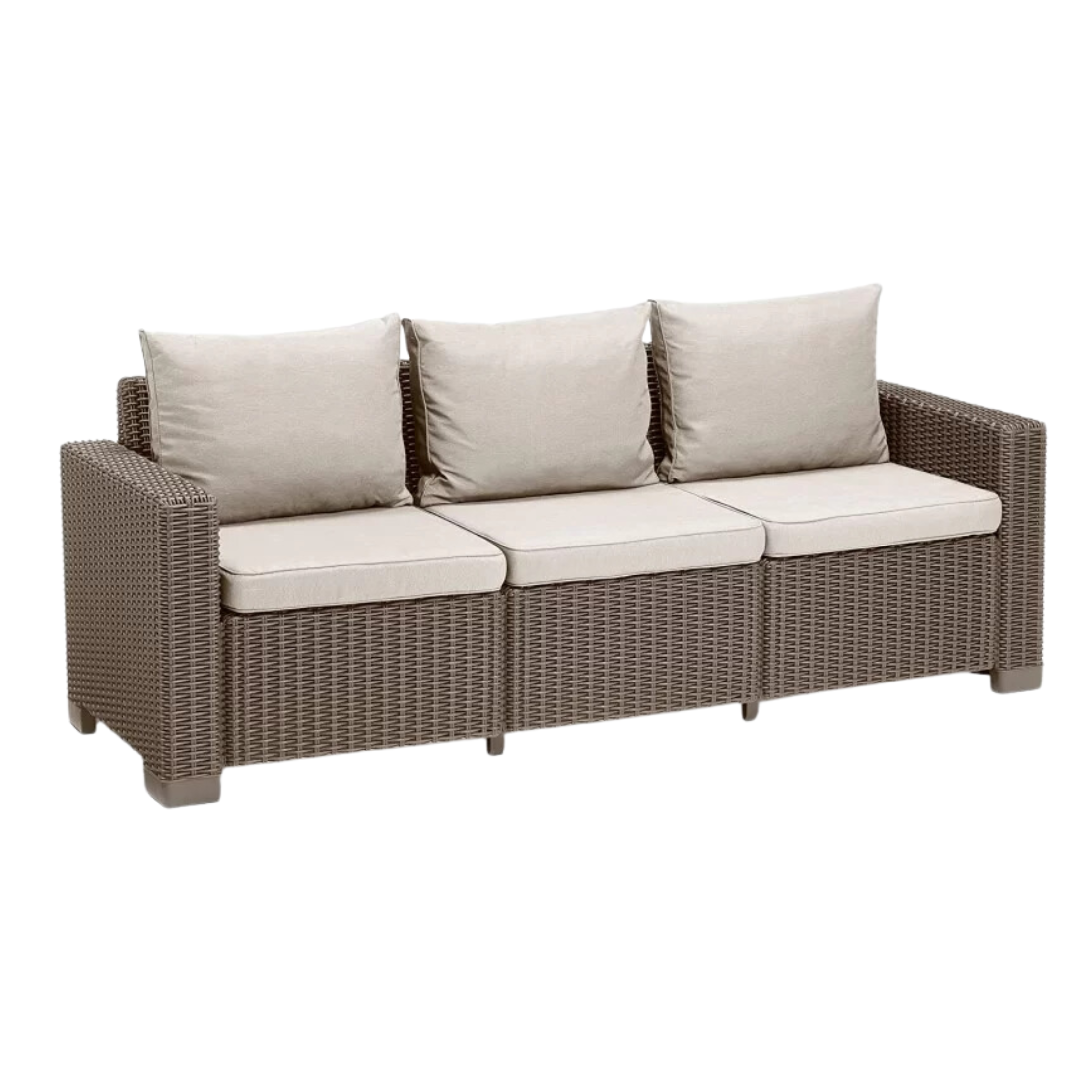 "California" 3-seater garden sofa in rattan-effect resin with cushions, 198x68 cm, 71.5 cm high