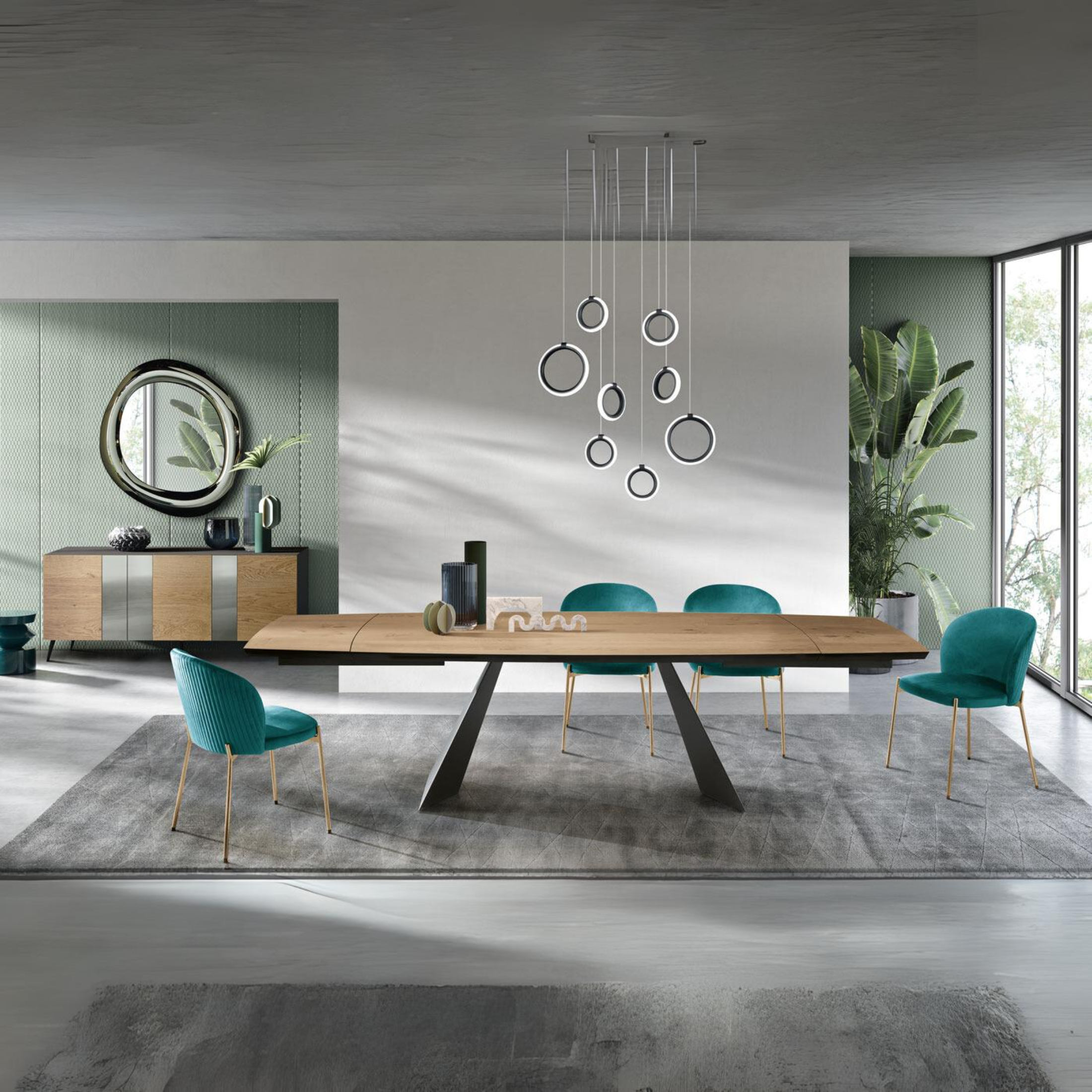 Modern extendable table "Nora" with metal base and oak top