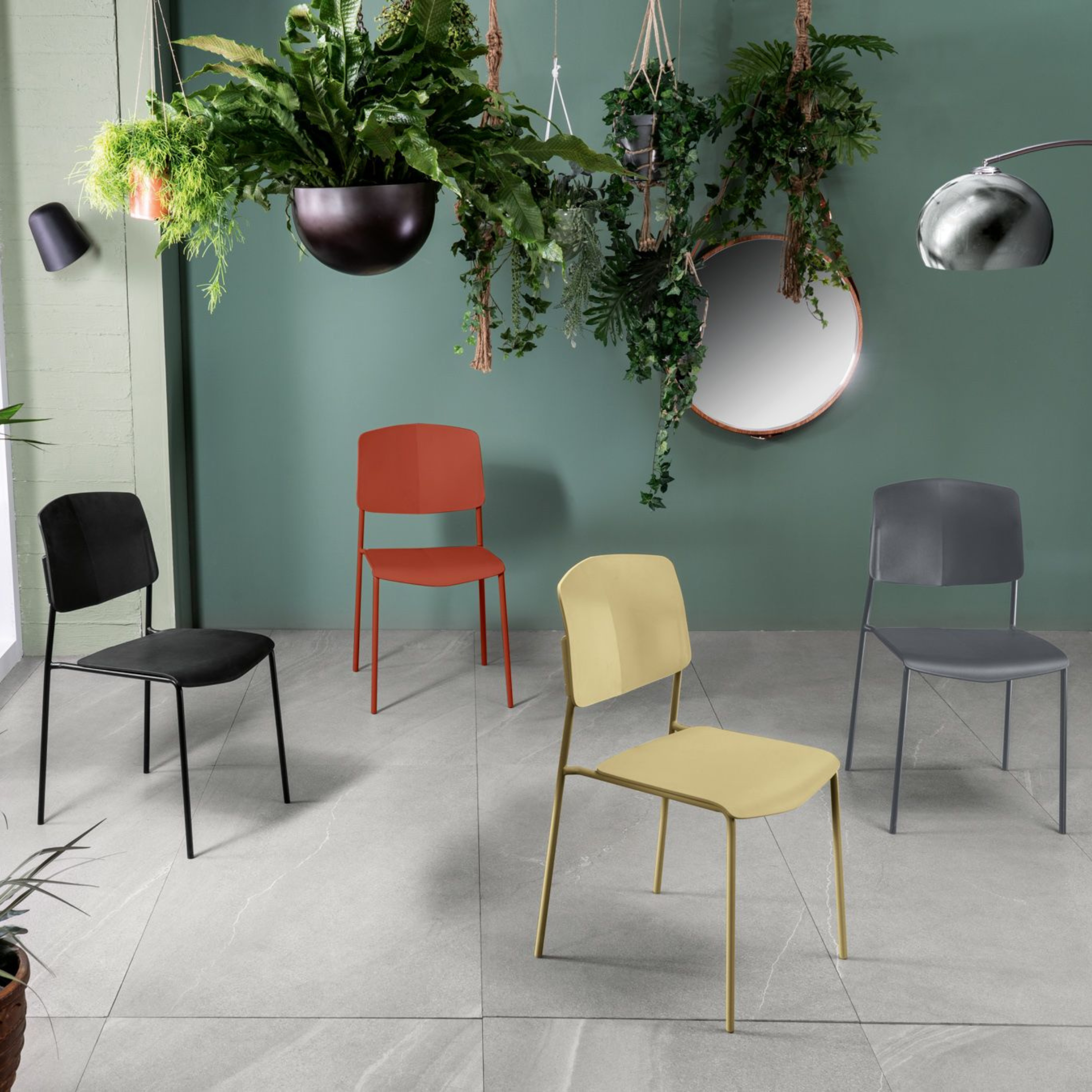 Set of modern stackable "Giada" polypropylene chairs with painted metal legs