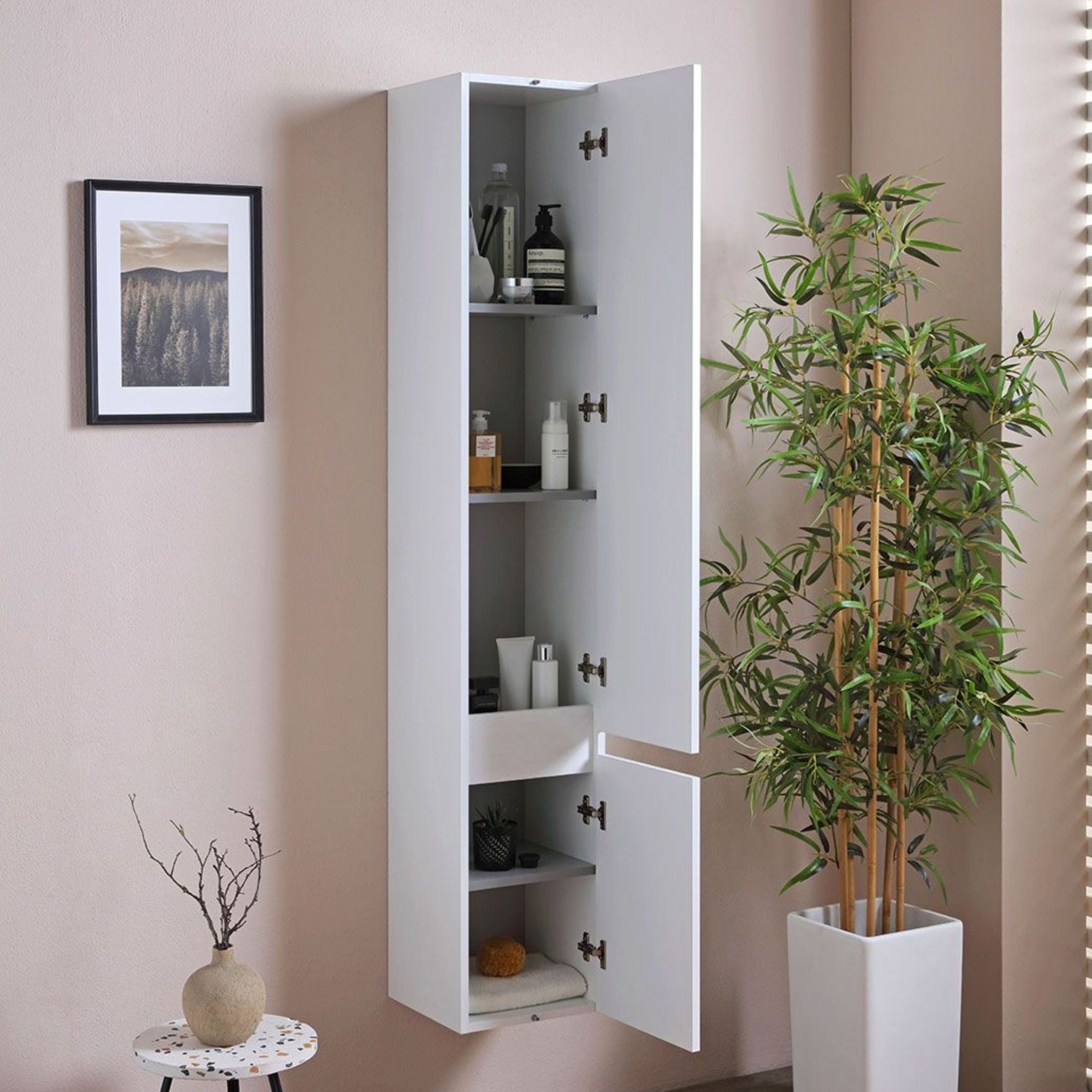 Tall suspended white wood-effect wall unit with two doors, 30x30 cm, 170 cm high