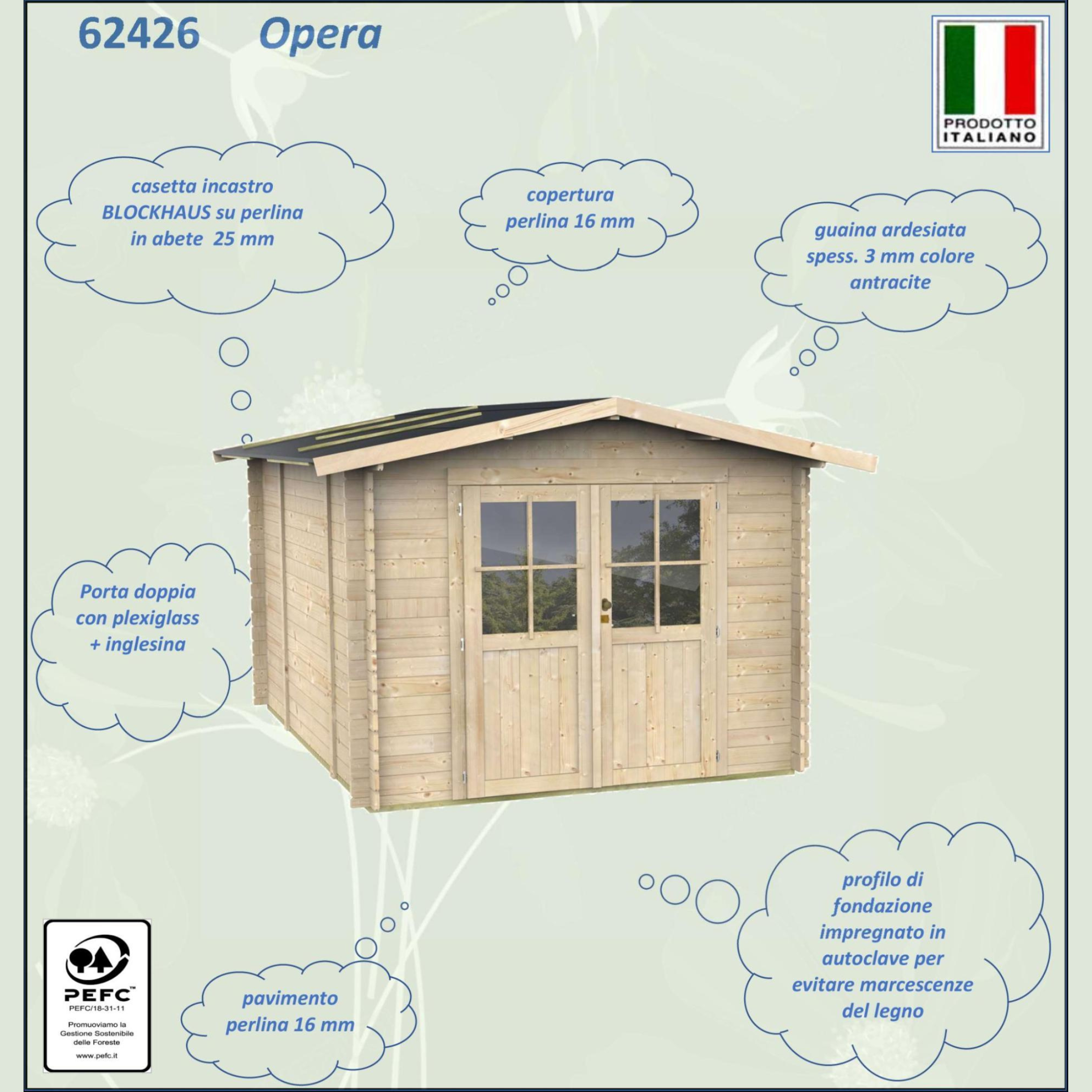 "Opera" wooden garden house, 300x250 cm, 219 cm high, double door with windows
