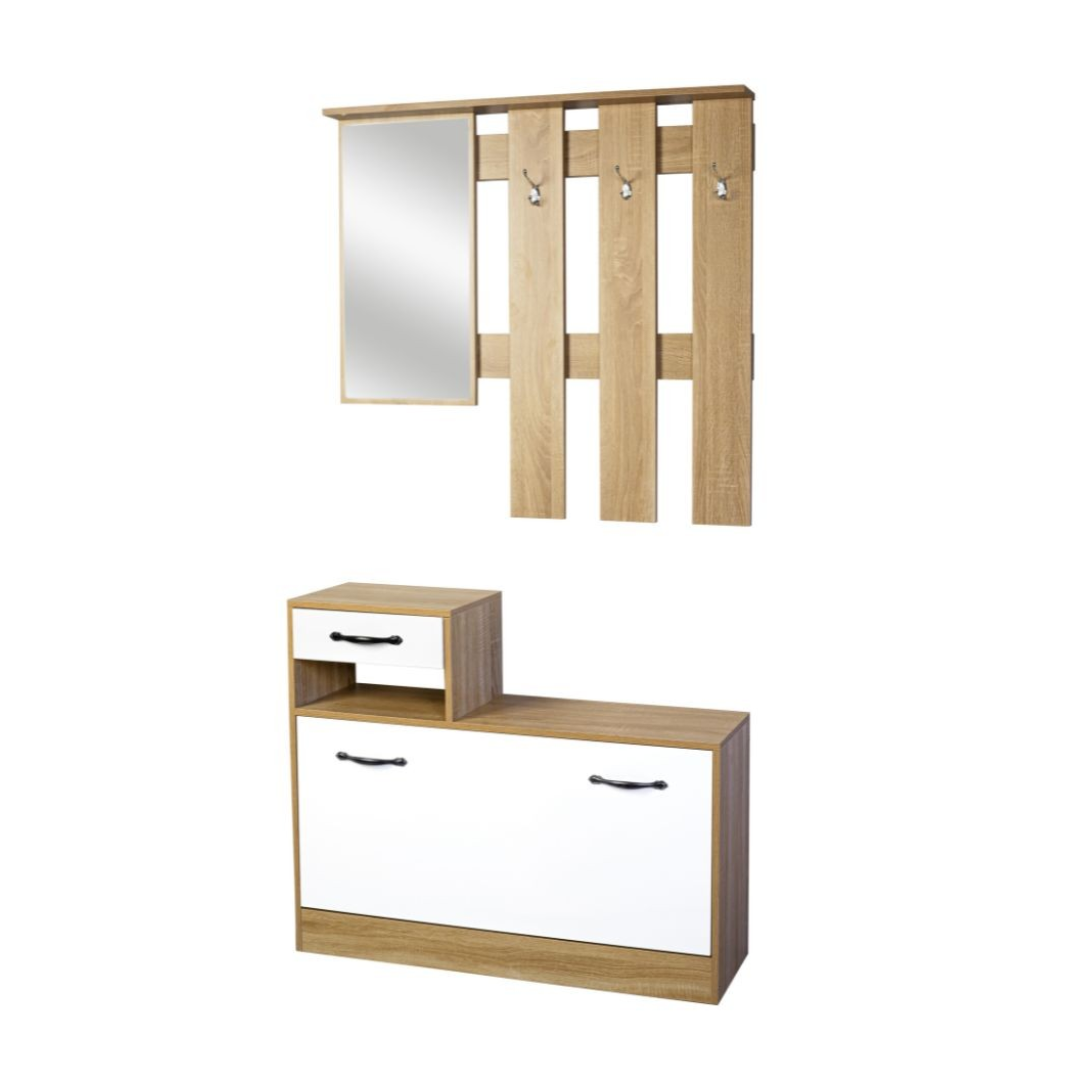 "Rudolf" wooden entrance shoe rack with mirror and coat hanger, 100x26 cm, 180 cm high.