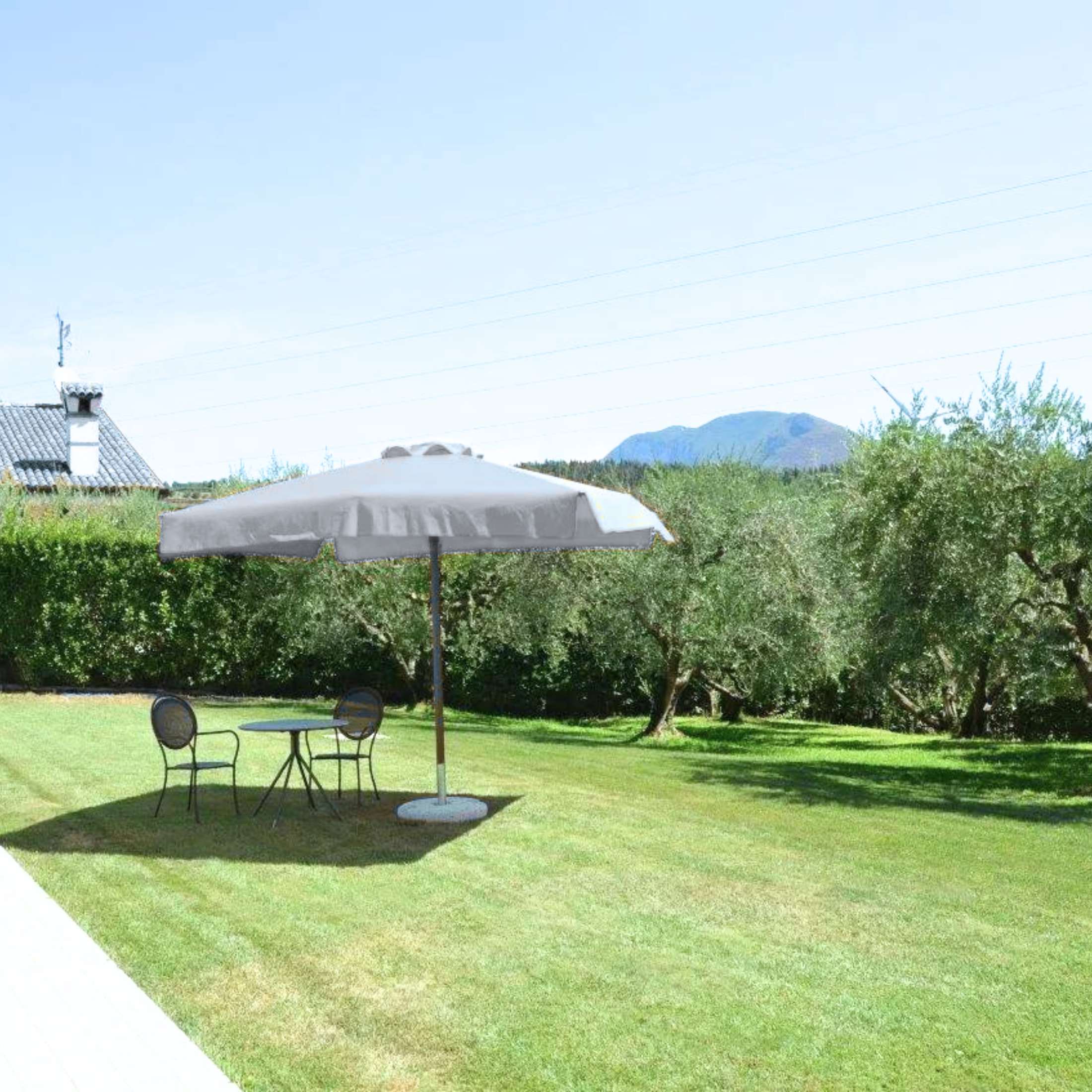 Modern "Corallo Glamour" umbrella with oak-effect central pole