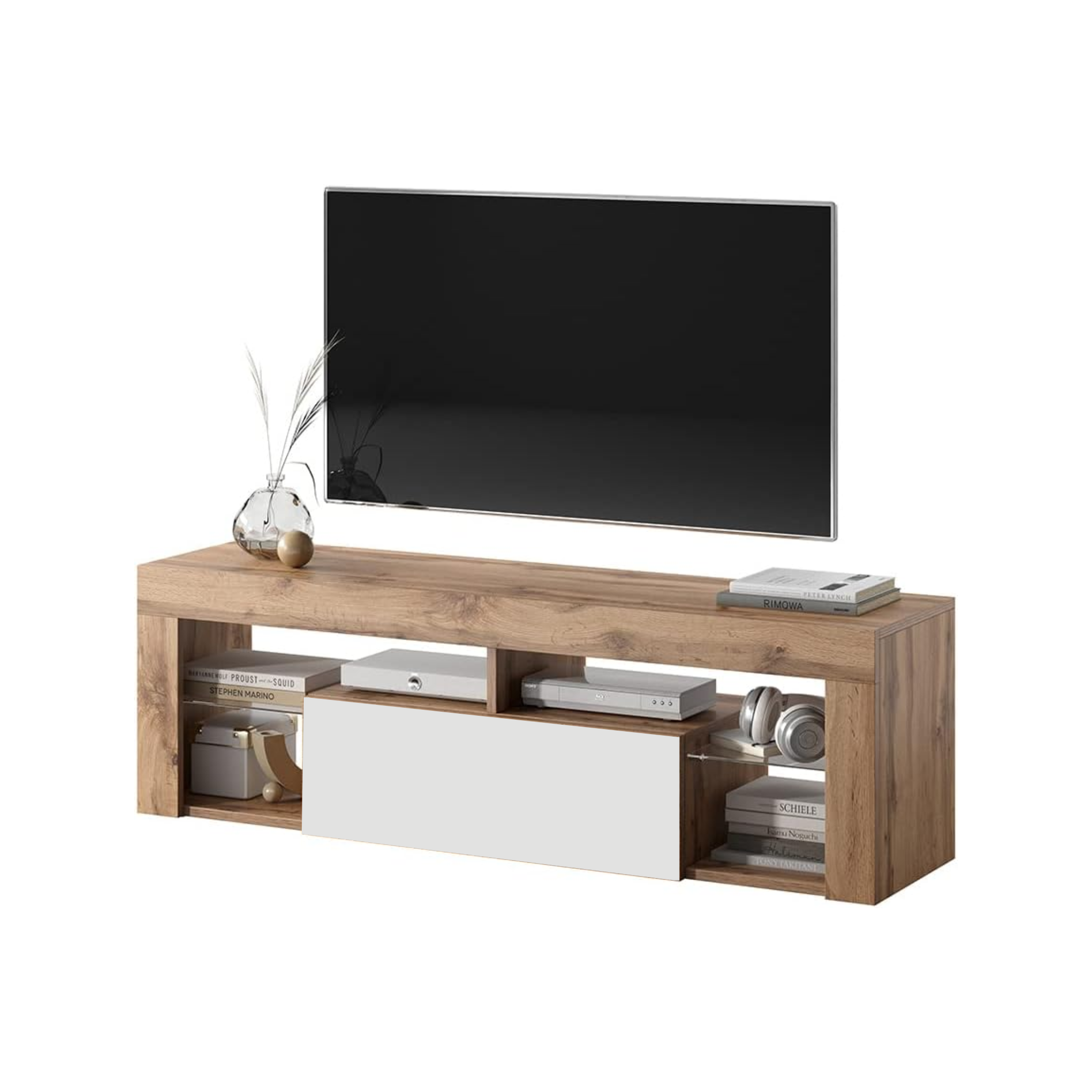 "Hugo" TV stand in oak and white wood, 140x35 cm, 50 cm high