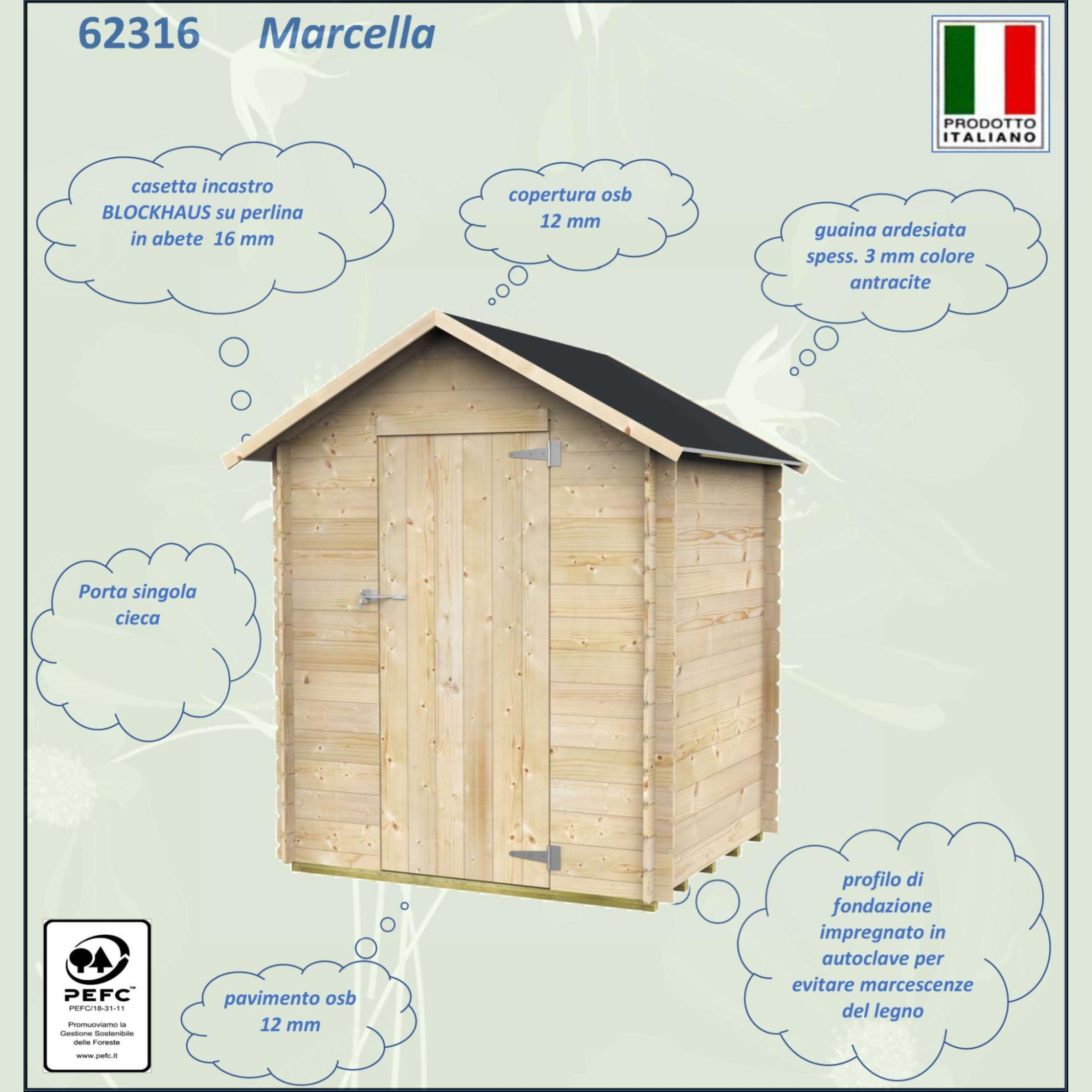 "Marcella" wooden garden shed with single blind hinged door, 146x130 cm, 185 cm high